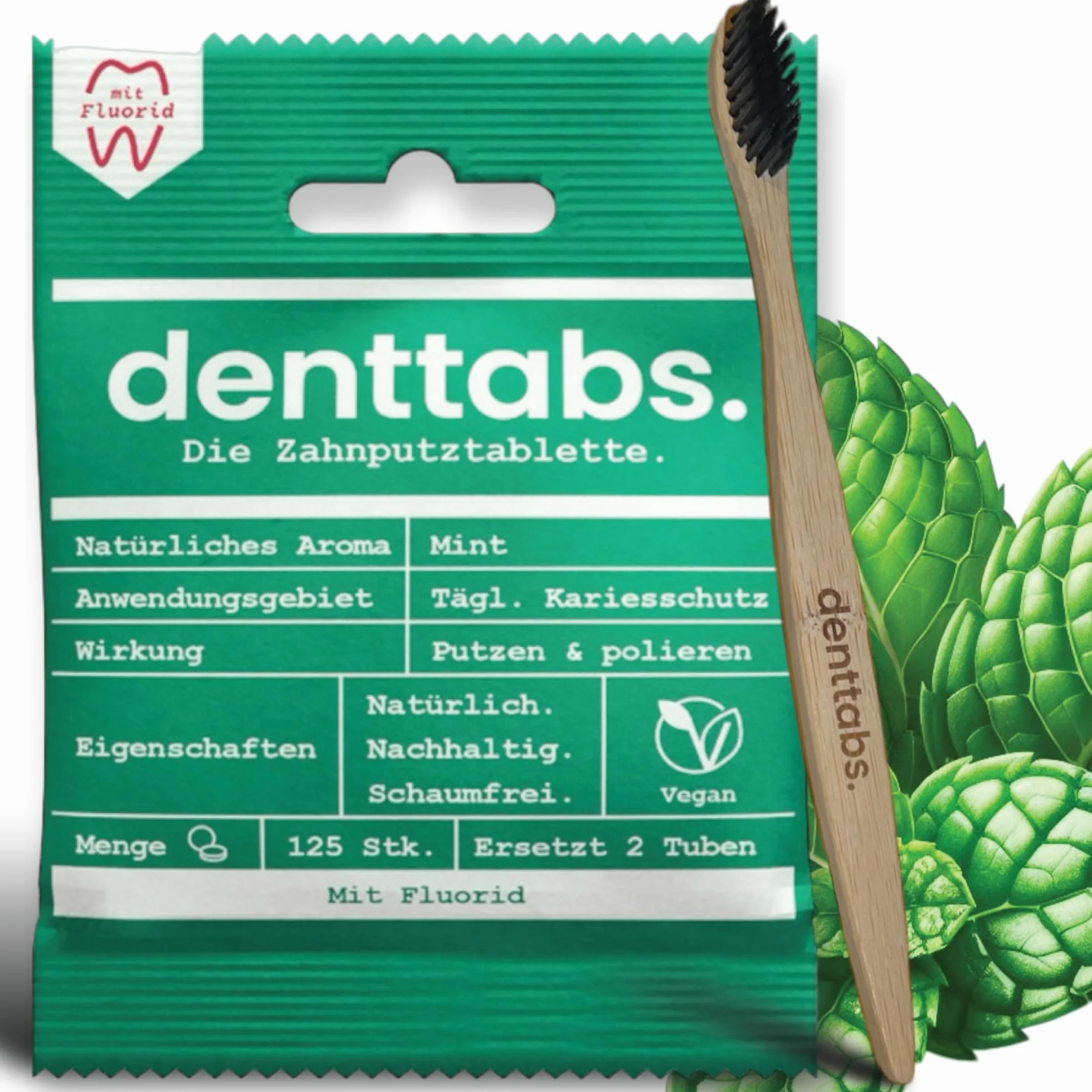 Denttabs Zestaw do mycia zębów – tabletki do czyszczenia zębów miętowe z fluorkiem zestaw 125 szt. + bambusowa szczoteczka do zębów z bambusa, ultramiękka