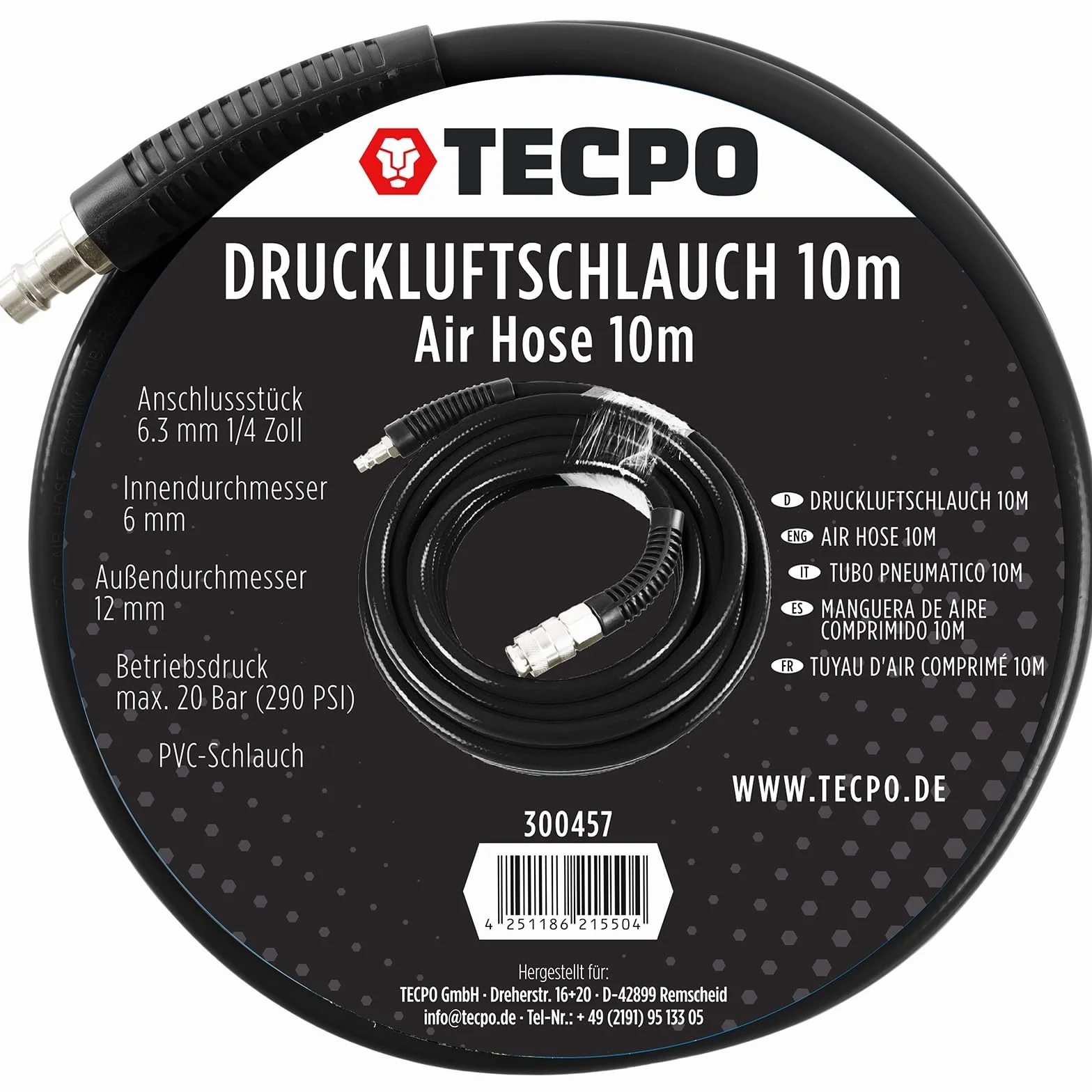 TECPO 300457 wąż do sprężonego powietrza 6/12 mm, długość 10 m, wąż powietrza 20 bar, ciśnienie robocze 1/4, złącze 1/4, nadaje się do wszystkich powszechnie stosowanych sprężarek
