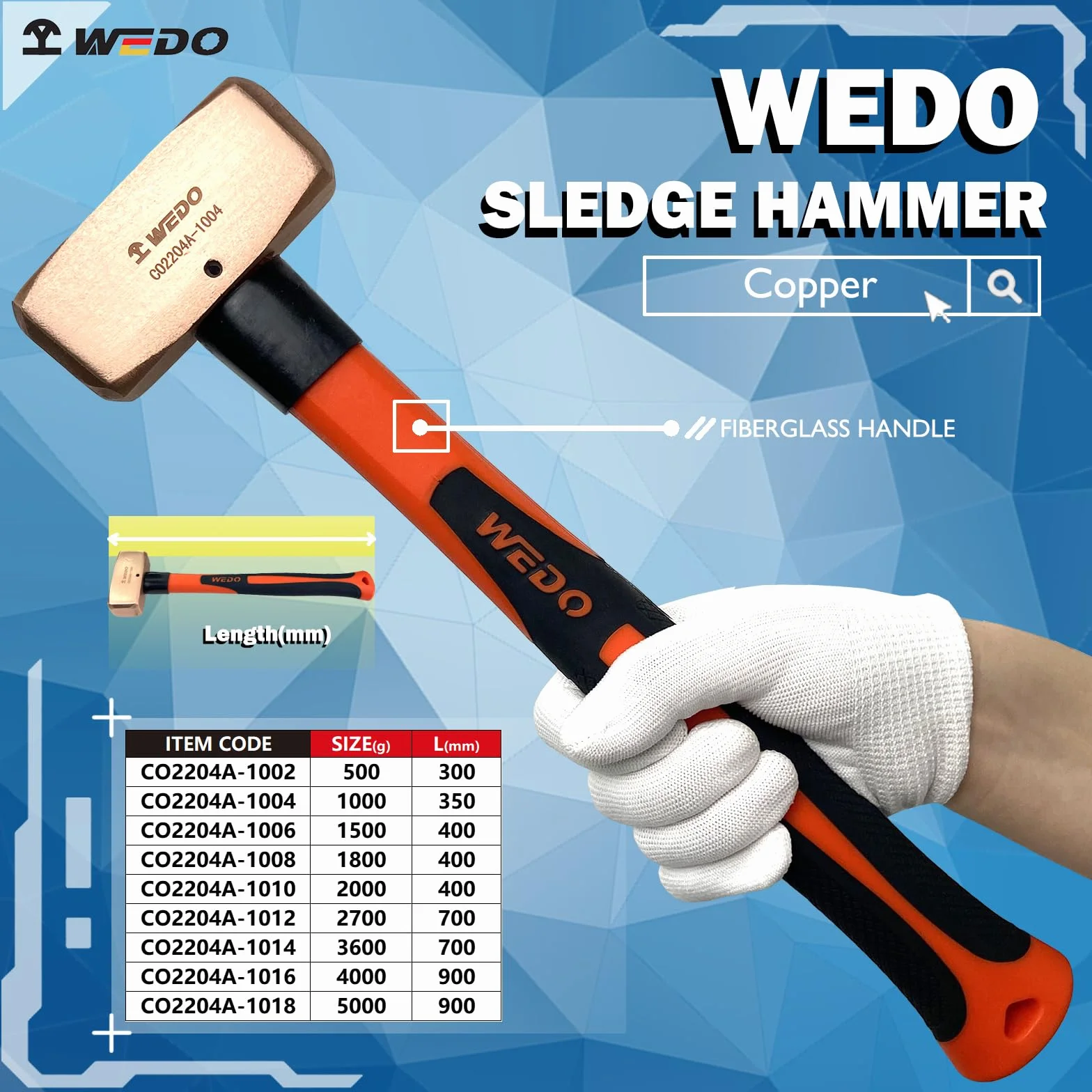 WEDO Miedziany młot kowalski 2,7 kg, młot klubowy z uchwytem z włókna szklanego, młotek wiertarski, młotek udarowy, odporny na korozję, standard DIN, długość 71 cm