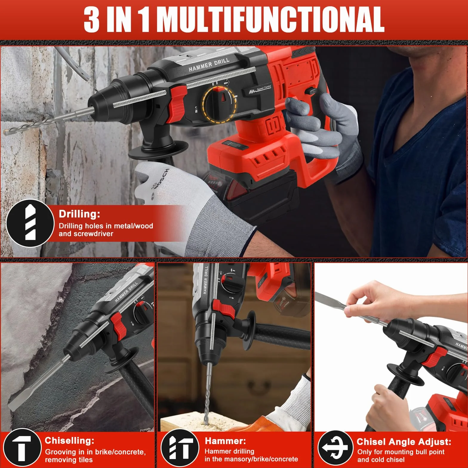 Akumulatorowa wiertarka udarowa kompatybilna z akumulatorem Milwaukee 18 V, bezszczotkowa wiertarka udarowa SDS Plus 2,6 J z 4 trybami i 5 wiertłami, uchwyt pomocniczy 360° (bateria nie jest dołączona