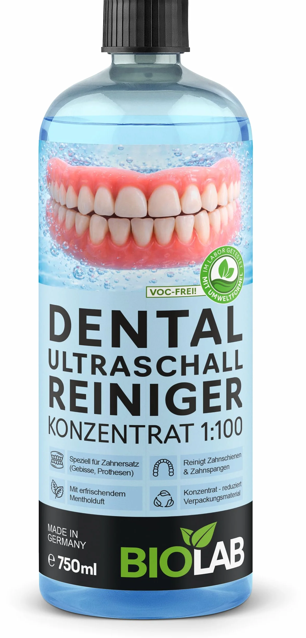 BIOLAB Koncentrat do czyszczenia ultradźwięków dentystycznych (750 ml) do czyszczenia protez, szyn dentystycznych i aparatów ortodontycznych – płyn do ultradźwiękowego urządzenia czyszczącego
