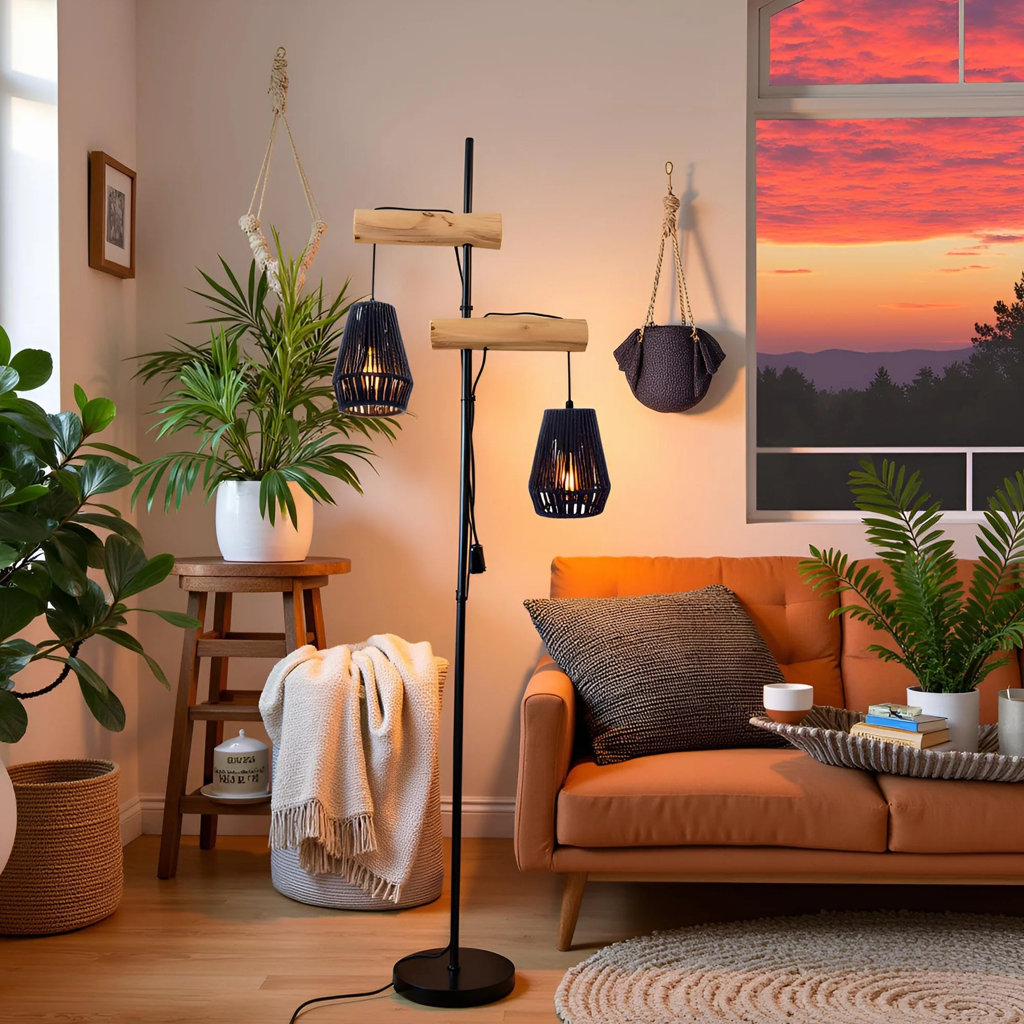 Vintage Lampa podłogowa z wiklinowym abażurem i drewnianą podłogą, idealna do salonu, 169 cm