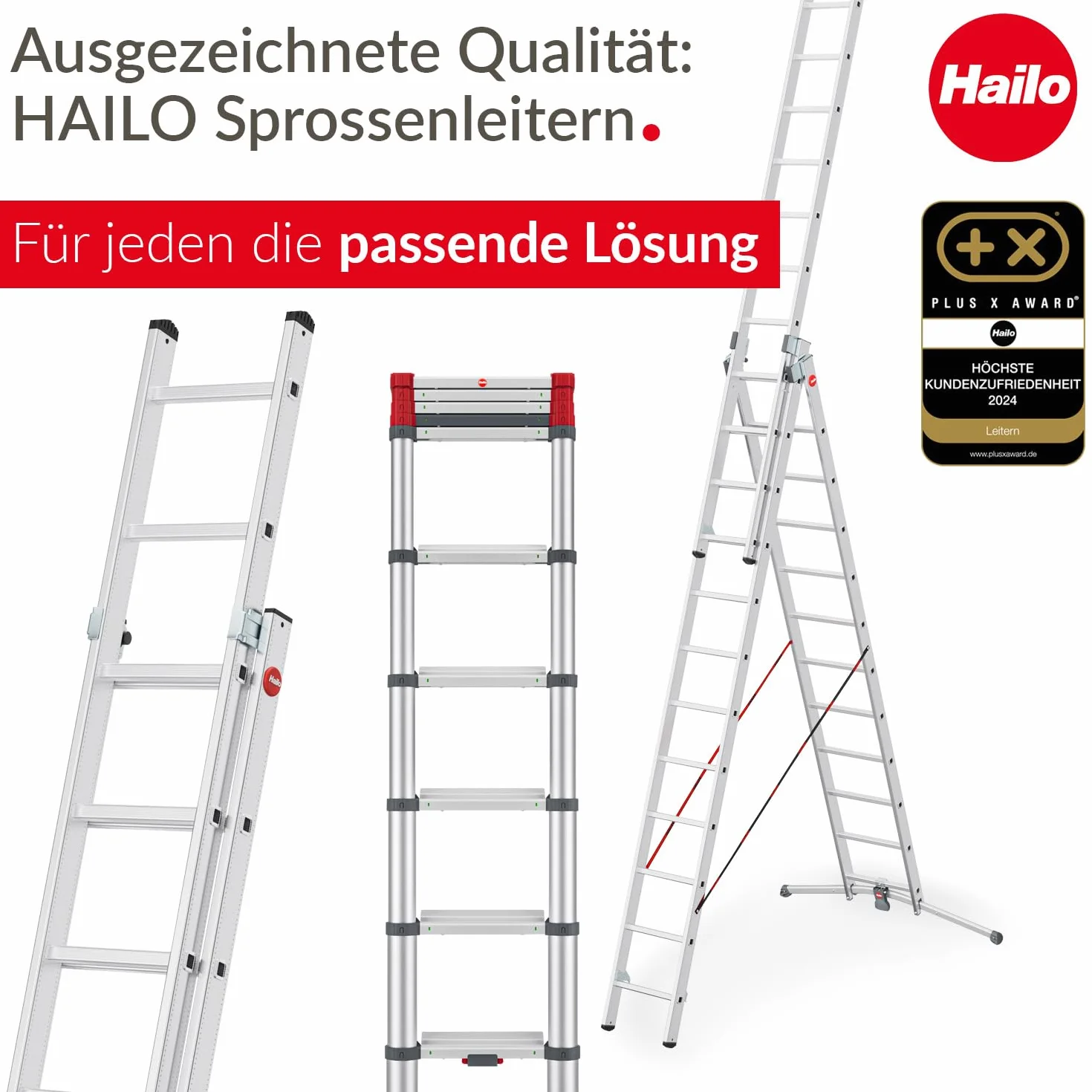 Hailo S100 ProfiLOT, aluminiowa drabina kombi z systemem LOT, 2 x 9 + 1 x 8 szczebli, system LOT, regulacja schodów, do 150 kg, srebrna, Made in Germany, 9309-507