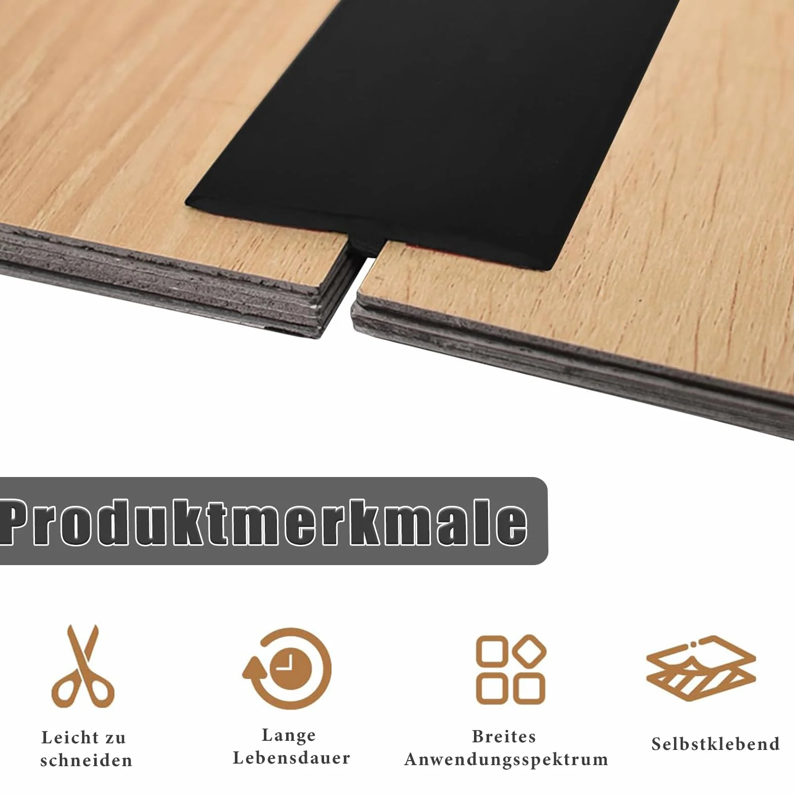 Listwa przejściowa z profilem T, samoprzylepna, 5 x 300 cm, PCW, szyna przejściowa, samoprzylepna, do podłóg łączących, szczelin płytek laminowanych (czarna)