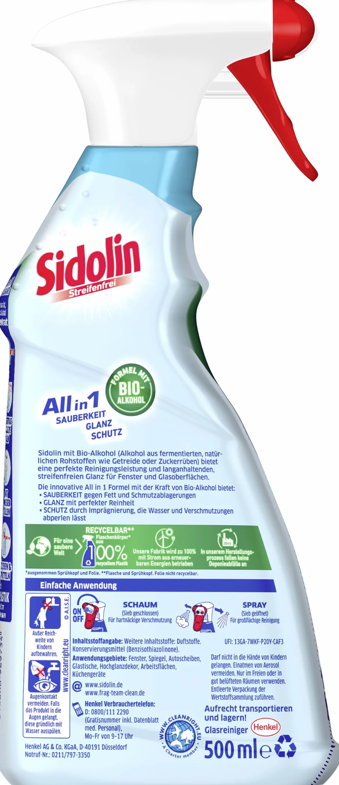 Sidolin Cristal, płyn do czyszczenia szkła (500 ml), butelka z rozpylaczem, zapewnia doskonały połysk i zapobiega mikropęknięciom