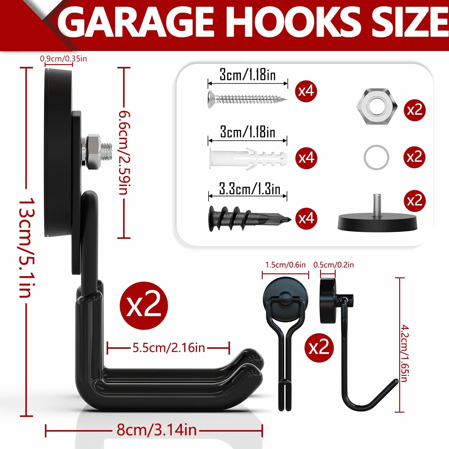 3-H Zestaw 4 magnetycznych haczyków garażowych (2 duże + 2 małe mocne haczyki magnetyczne), haczyk z magnesem do zawieszenia 20 kg na stół warsztatowy, do warsztatu, garażu, szopy, czarny