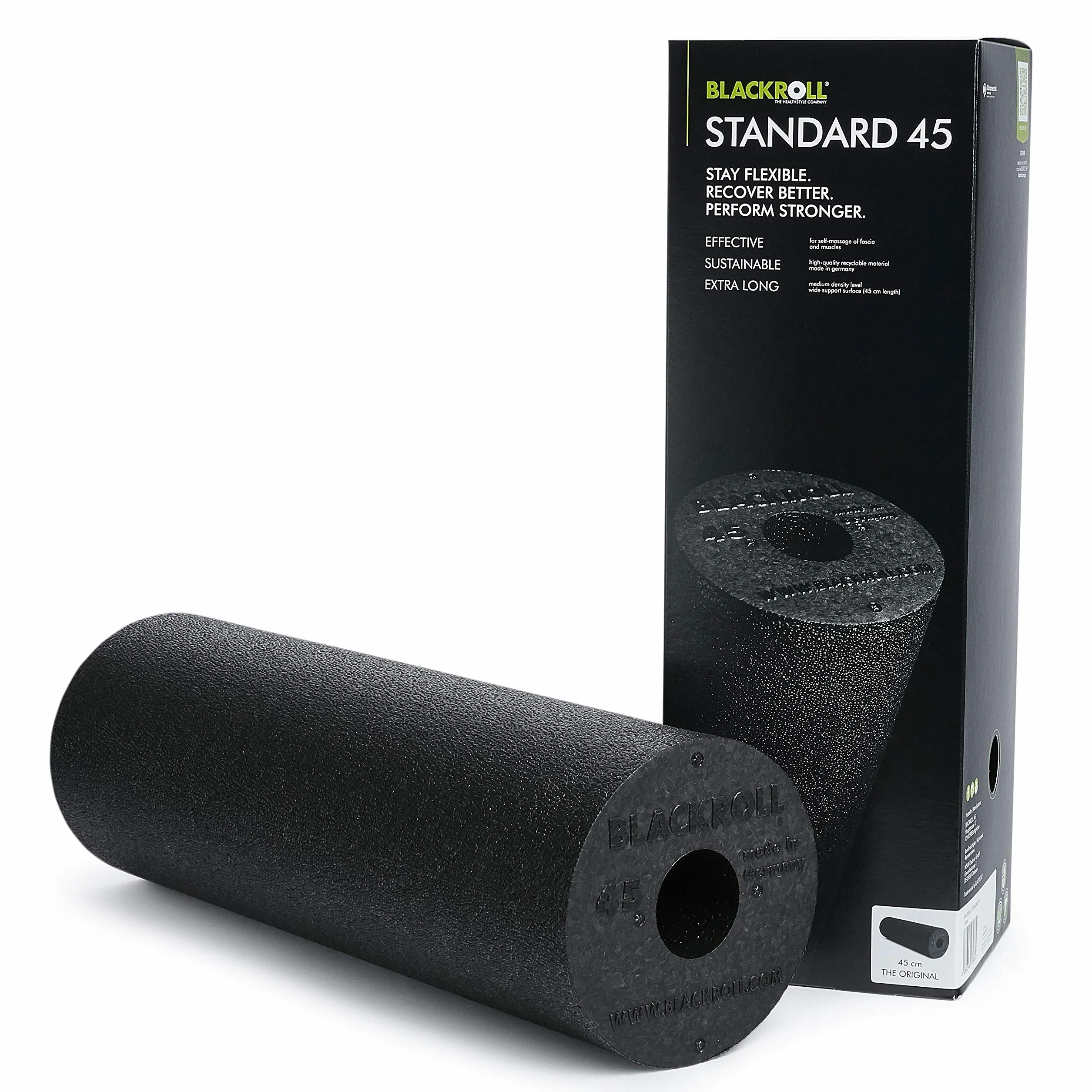 BLACKROLL® Standardowy wałek do masażu powięzi 45 cm (45 cm x 15 cm), rolka fitness do samodzielnego masażu pleców i nóg, efektywna rolka do masażu do treningu funkcjonalnego, średnia twardość, Made