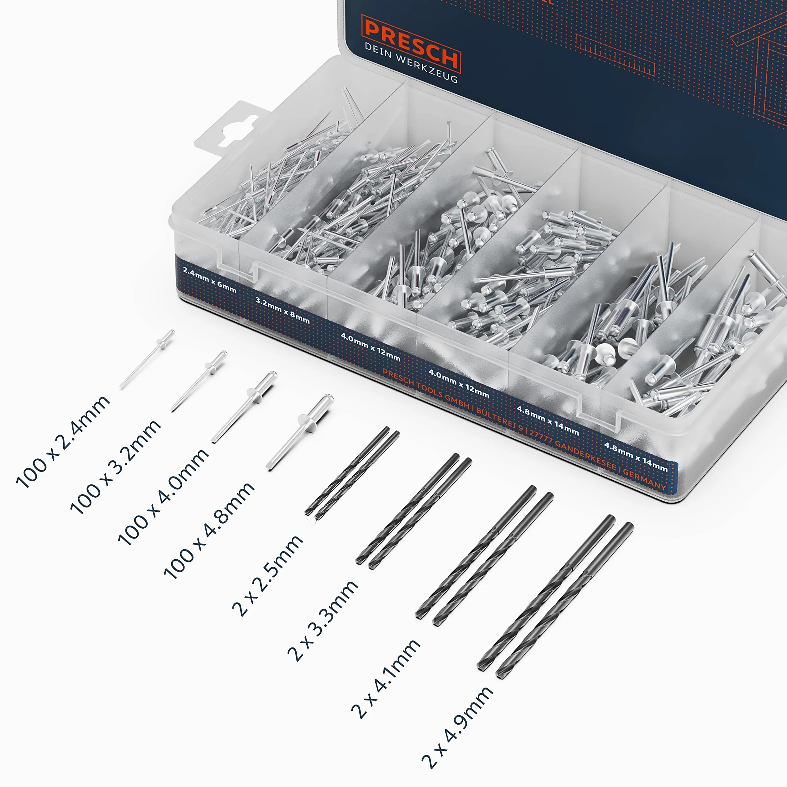 Presch Nity zrywalne w asortymencie 408 szt. z 8 wiertłami HSS - 400 nitów aluminiowych/stalowych 2,4, 3,2, 4,0 i 4,8 mm oraz 8 pasujących wierteł HSS 2,5, 3,3, 4,2 i 4,9 mm