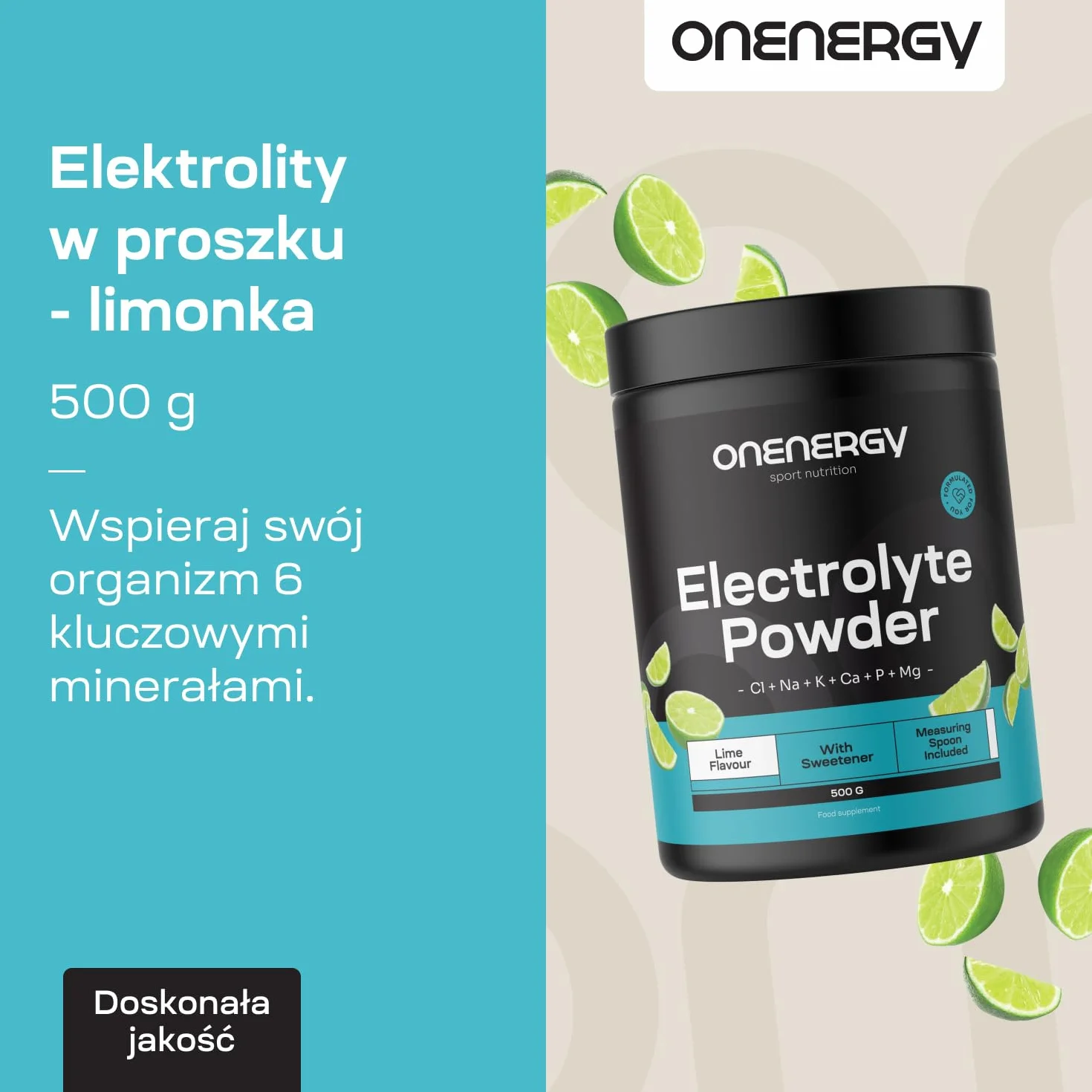 OnEnergy Elektrolity w proszku Limonka 500 g 142 porcje Mieszanka 6 minerałów Nawodnienie Wsparcie mięśni i nerwów