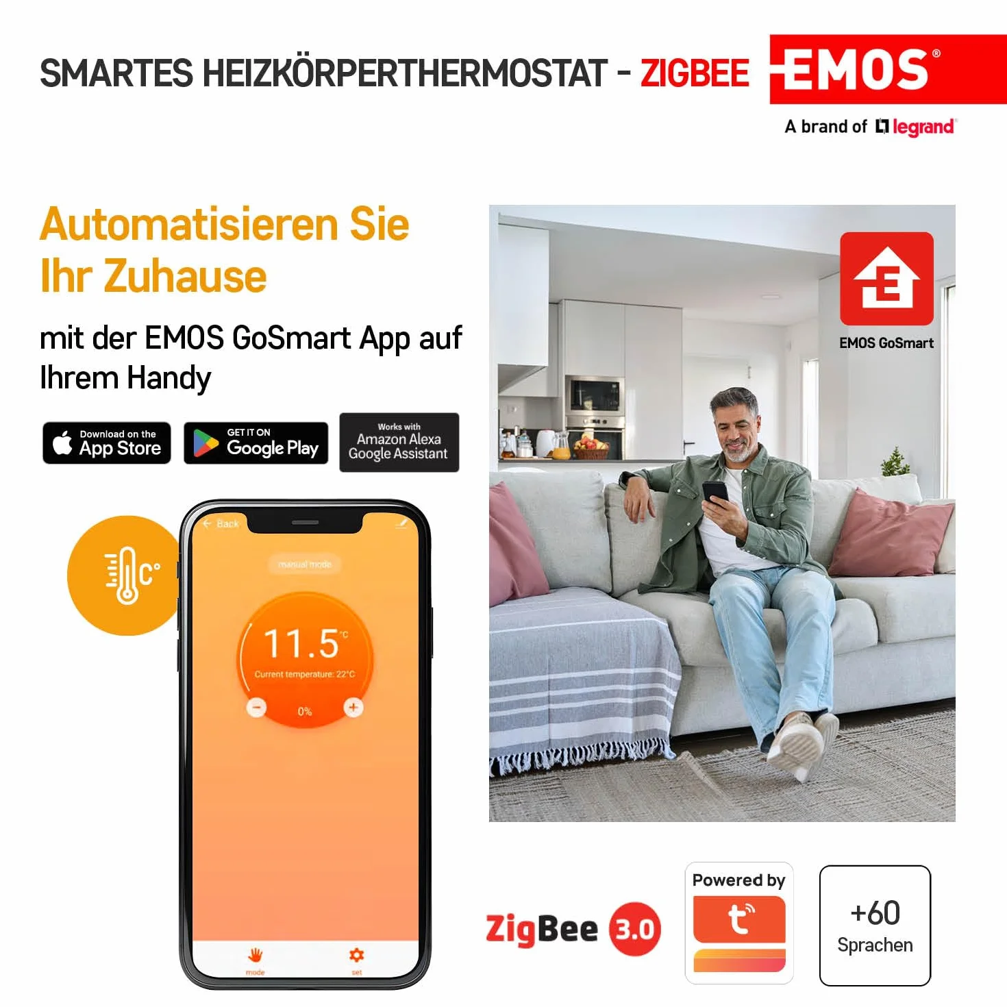 EMOS GoSmart termostat grzejnikowy z aplikacją, programowalny termostat ZigBee Smart Home, regulowana histereza, kompatybilny z Tuya, Smart Life, Alexa, Google Assistant