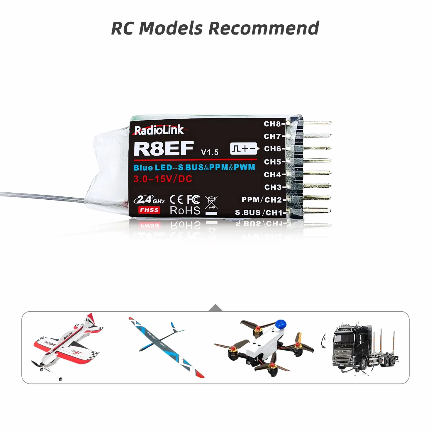 Radiolink R8EF odbiornik RC 2,4 GHz SBUS/PPM/PWM 8 kanałów, duży zasięg do 2000 m, kompatybilny z RC6GS V3/RC4GS V3/T8FB/T8S/RC8X/T16D/T12D