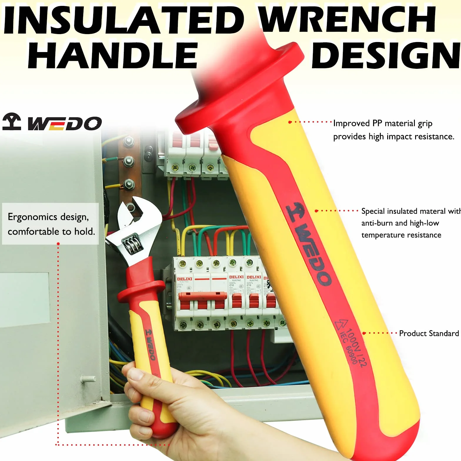 WEDO 3-częściowy izolowany zestaw kluczy nastawnych (15 cm, 20 cm, 25 cm), VDE 1000 V regulowany klucz wtryskowy, klucz bezpieczeństwa dla elektryków, stal chromowo-wanadowa, antypoślizgowe uchwyty,