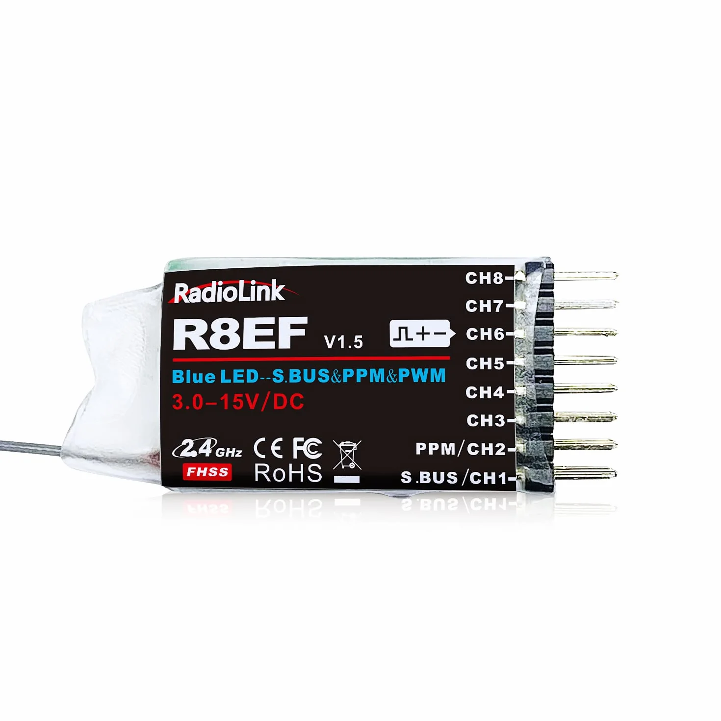 Radiolink R8EF odbiornik RC 2,4 GHz SBUS/PPM/PWM 8 kanałów, duży zasięg do 2000 m, kompatybilny z RC6GS V3/RC4GS V3/T8FB/T8S/RC8X/T16D/T12D