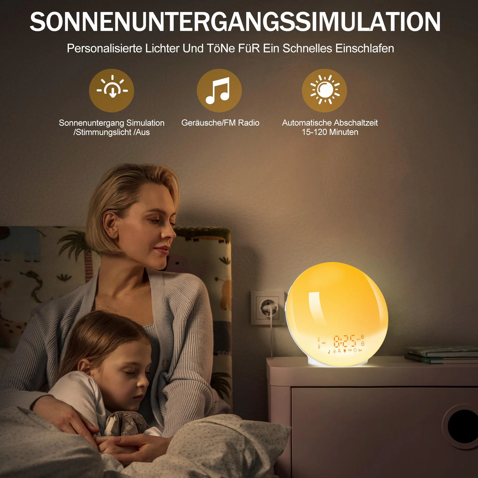 Budzik świetlny, budzik, światło dzienne, symulacja wschodu słońca, z dwoma alarmami, 7 dźwięków natury, 11 kolorów światła, 20 jasności, lampka nocna dla dorosłych