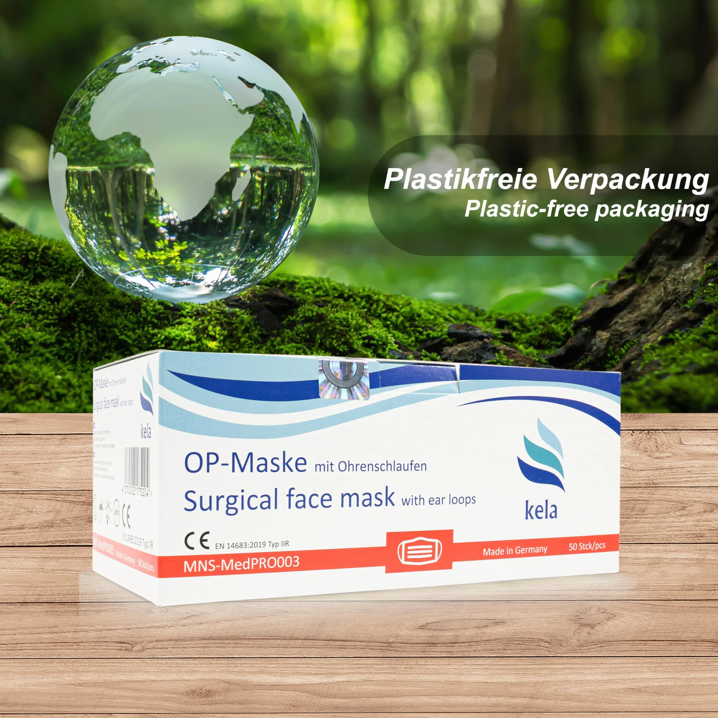 kela®, Maska medyczna, biała, Made in Germany, maska medyczna do ochrony ust i nosa, jednorazowa maska chirurgiczna, certyfikat CE, DIN EN 14683 typ IIR, BFE > 99,88%, 3-warstwowa