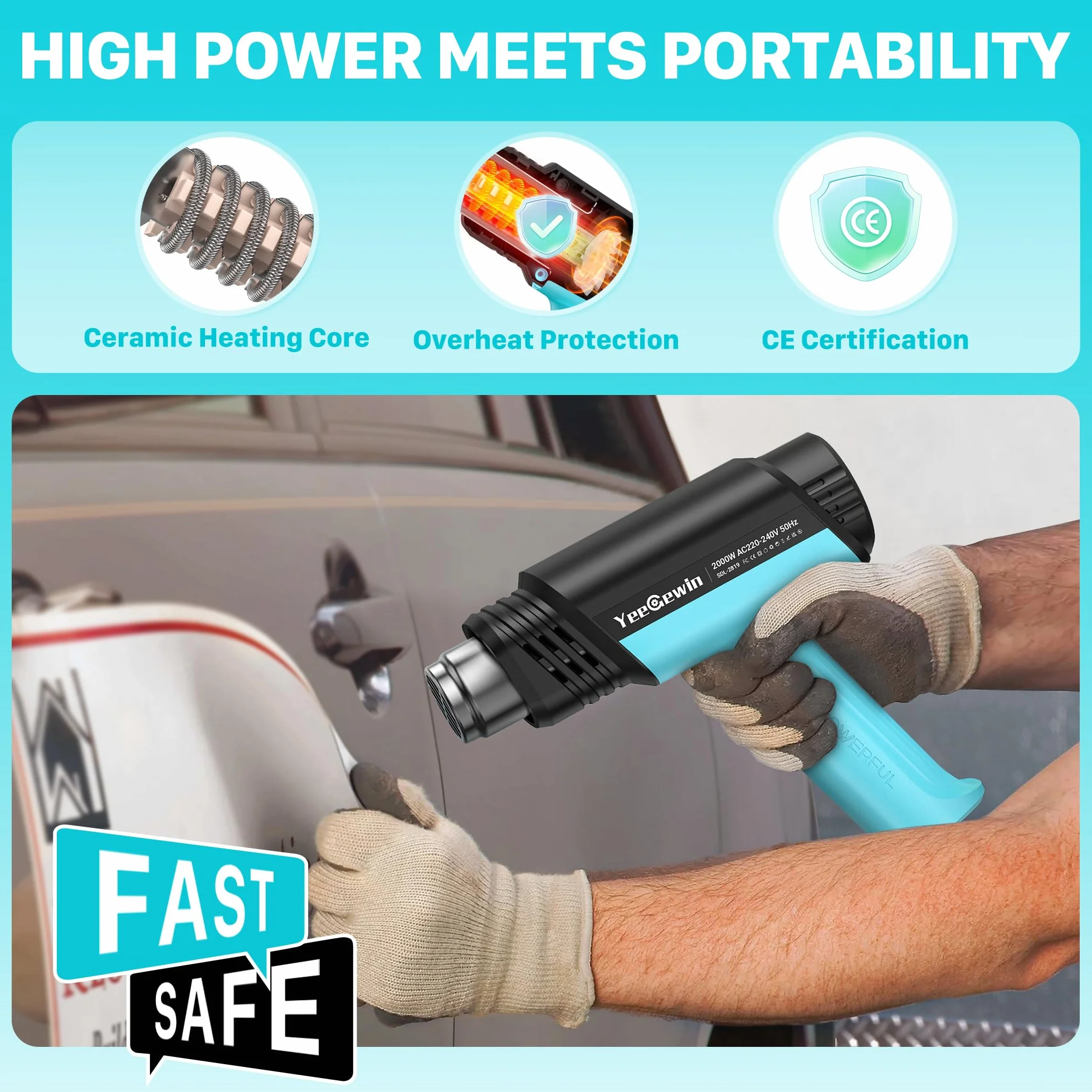 Pistolet na gorące powietrze 2000 W, regulacja temperatury 50-650℃ z wyświetlaczem LCD, zabezpieczenie przed przegrzaniem, pamięć włączenia, suszarka do usuwania farby, odkształcenia folii