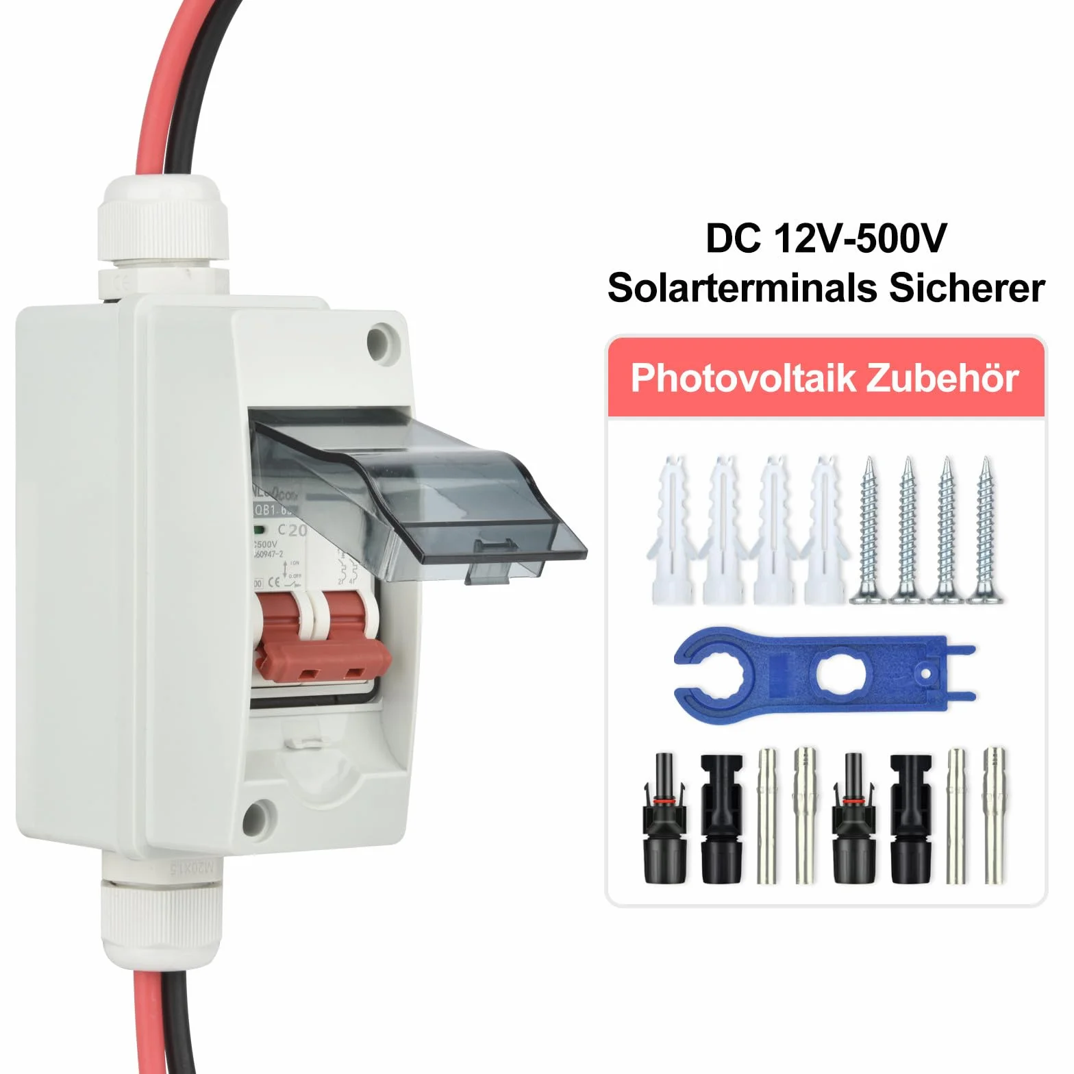 NUZEKY Odłącznik DC 500 V – odłącznik DC 20 A, wyłącznik DC 2-biegunowy 20 A, 2P, 500 V, z kablem, IP65, wodoszczelna obudowa, wyłącznik ochronny do instalacji solarnych