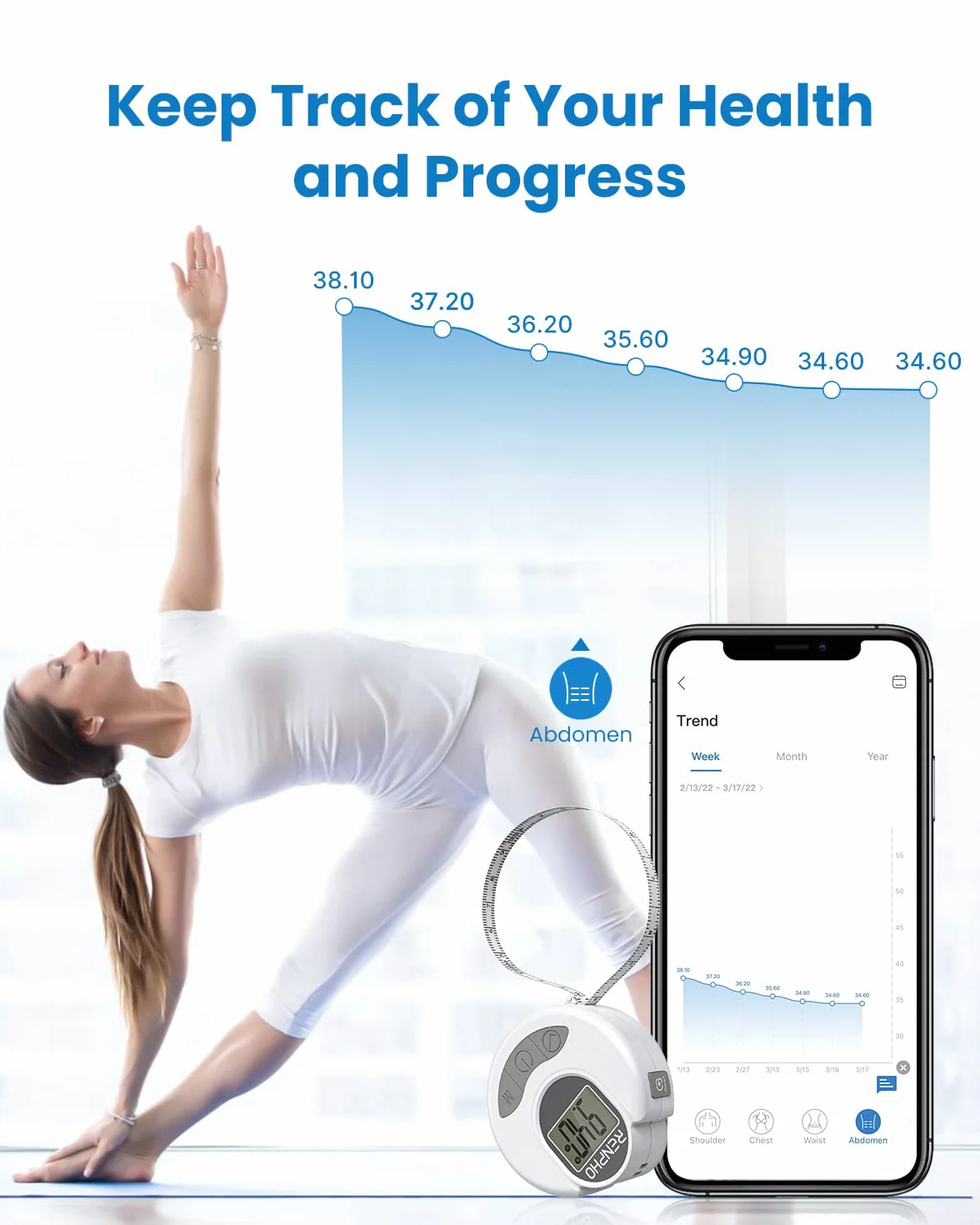Miarka do Ciała, Cyfrowa Taśma Pomiarowa RENPHO Smart Bluetooth do Pomiaru Ciała, Utraty Wagi, Przyrostu Masy Mięśniowej, Kulturystyki Fitness, Chowania, Automatycznych Dokładnych Pomiarów Obwody Części Ciała