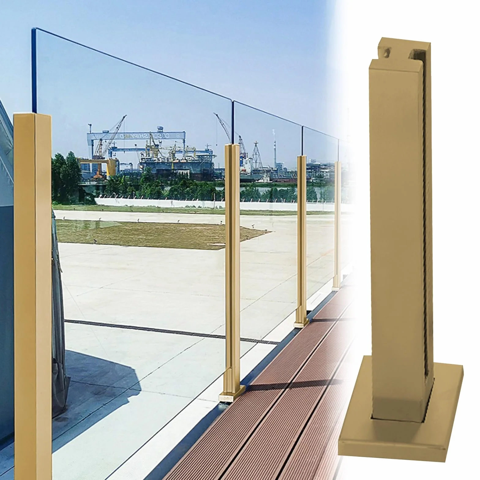 Złoty szklany słupek balustradowy na balkon i schody, 8-12 mm, wspornik panelu ze szkła hartowanego, kompatybilny z metalem/drewnem, wysokość 125 cm / 49.2in, elegancki design do użytku na zewnątrz