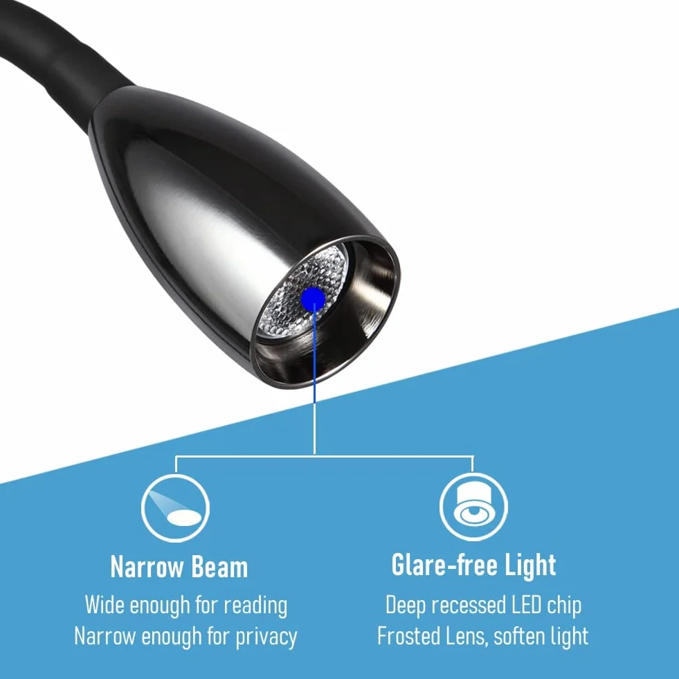 acegoo Lampa do czytania LED 12 V samochód kempingowy z ładowarką USB do łóżka nocnego, elastyczna szyjka łabędzia do ściemniania DC12-24 V do kabiny, ciężarówki, przyczepy kempingowej (czarny połysk)