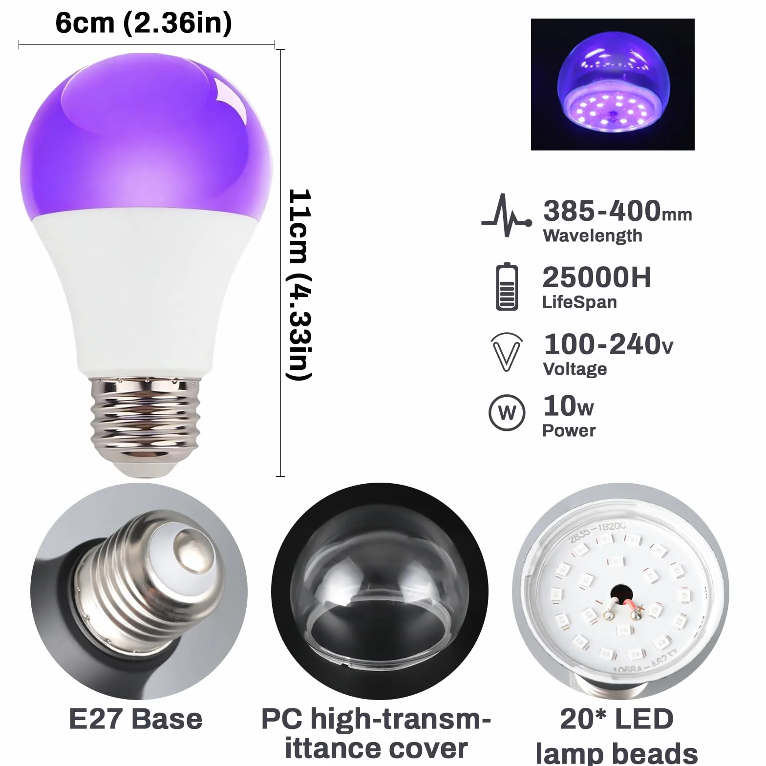 Żarówka UV z czarnym światłem, E27, 10 W, czarna żarówka, 385-400 nm UVA, oświetlenie UV na imprezę Halloween, do piwnicy, dyskoteki, klubu (2 sztuki białe)