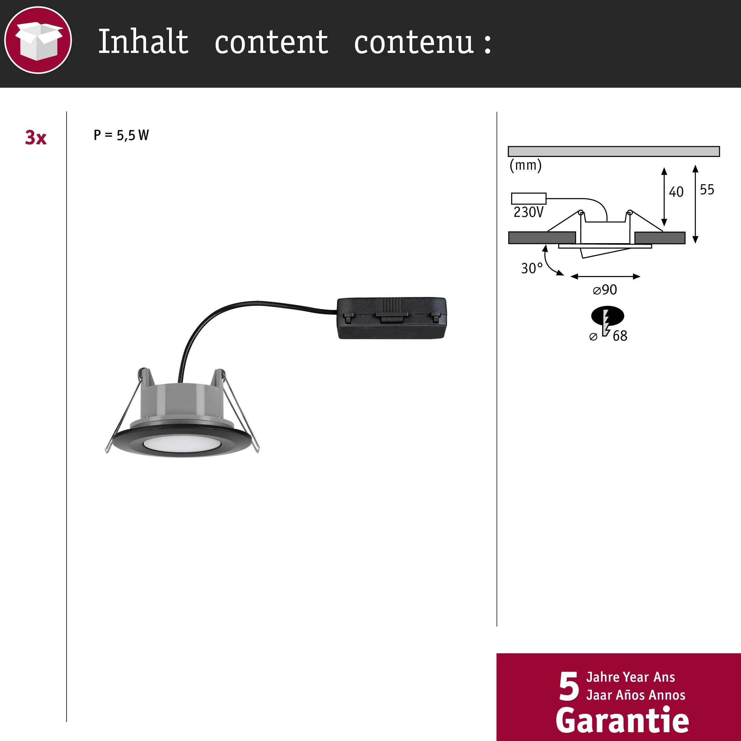 Paulmania LED oprawa wpuszczana Calla zestaw 3 szt. IP65 90mm 30° 550lm White Switch 5W czarny matowy 3000K