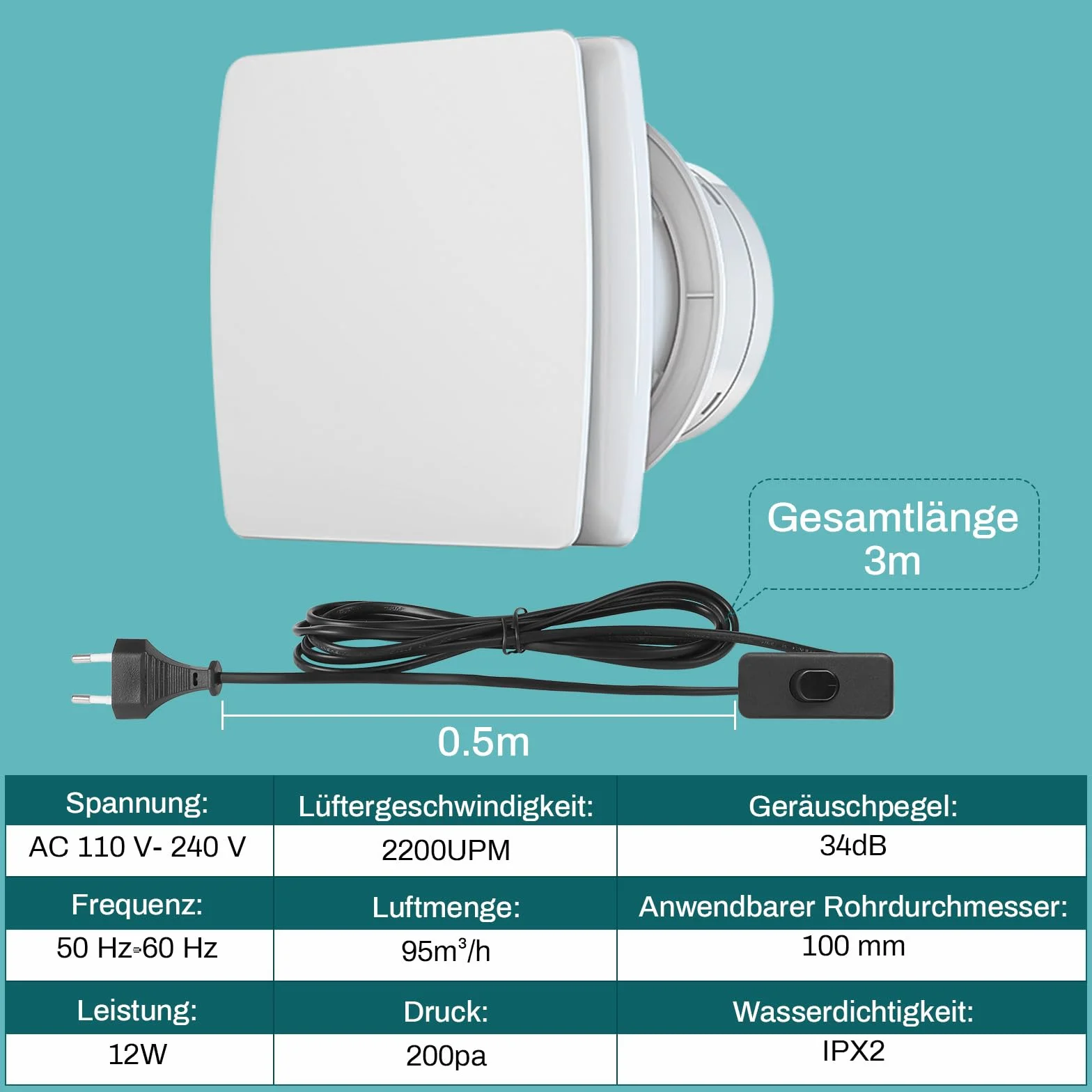 Wentylator łazienkowy Ø 100 mm, cichy wentylator wyciągowy 12 W z klapą zwrotną, [<34 dB – 2200 obr./min – 95 m³/h – IPX2] wentylator ścienny z kablem sieciowym 3 m, montaż ścienny do kuchni, łazienki