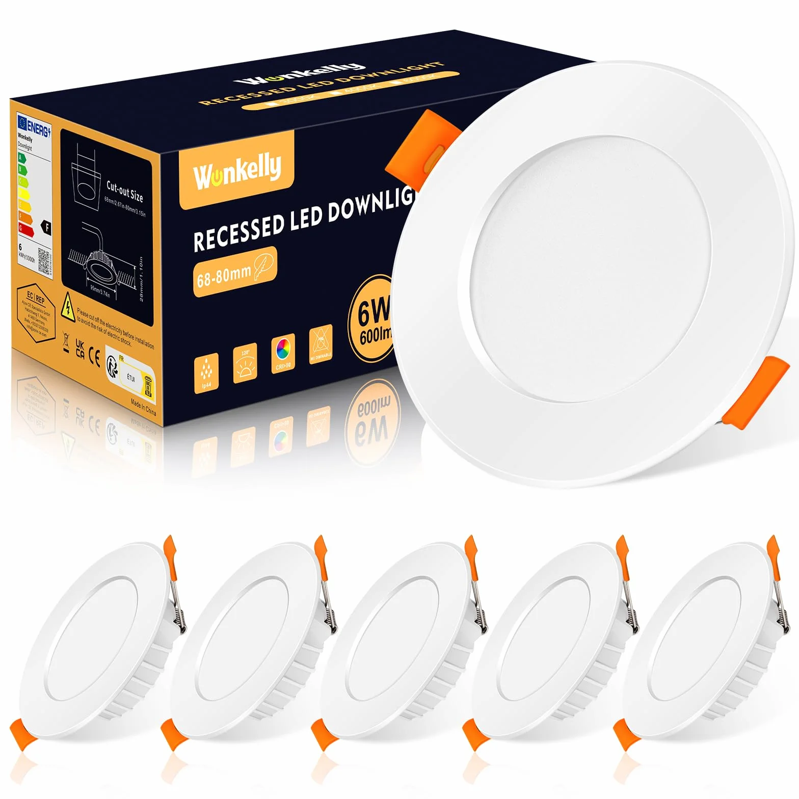 Reflektor LED do zabudowy 230V 6W IP44 4000K 600lm 68-80mm Ø zestaw 6 sztuk