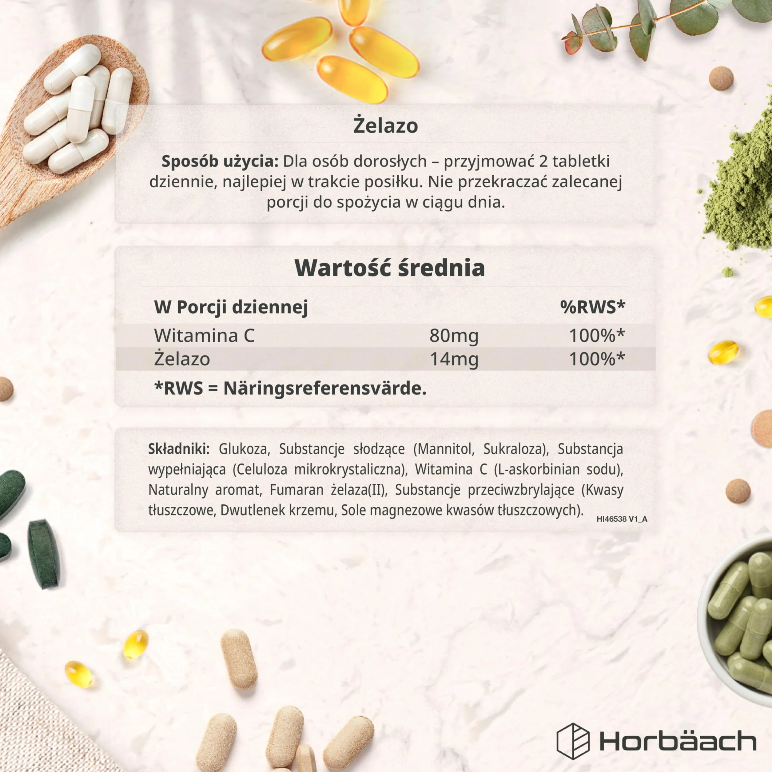 Żelazo Tabletki 14 mg z Witaminą C 80mg | 180 Tabletek Do Rozgryzania i Żucia o Smaku Owoców Leśnych | Zapas na 3 Miesiące | Wegańskie | Suplement Dla Kobiet i Mężczyzn | marki Horbaach