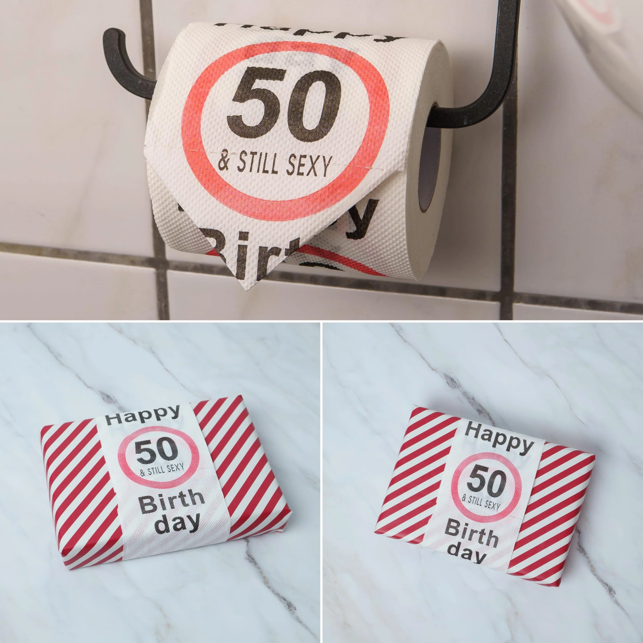 Happy Birthday & Still Sexy papier toaletowy, dekoracja i pakowanie prezent na 50. urodziny, zabawny motyw rolki papieru toaletowego, innowacyjny prezent dla nastolatków, chłopców, dziewcząt