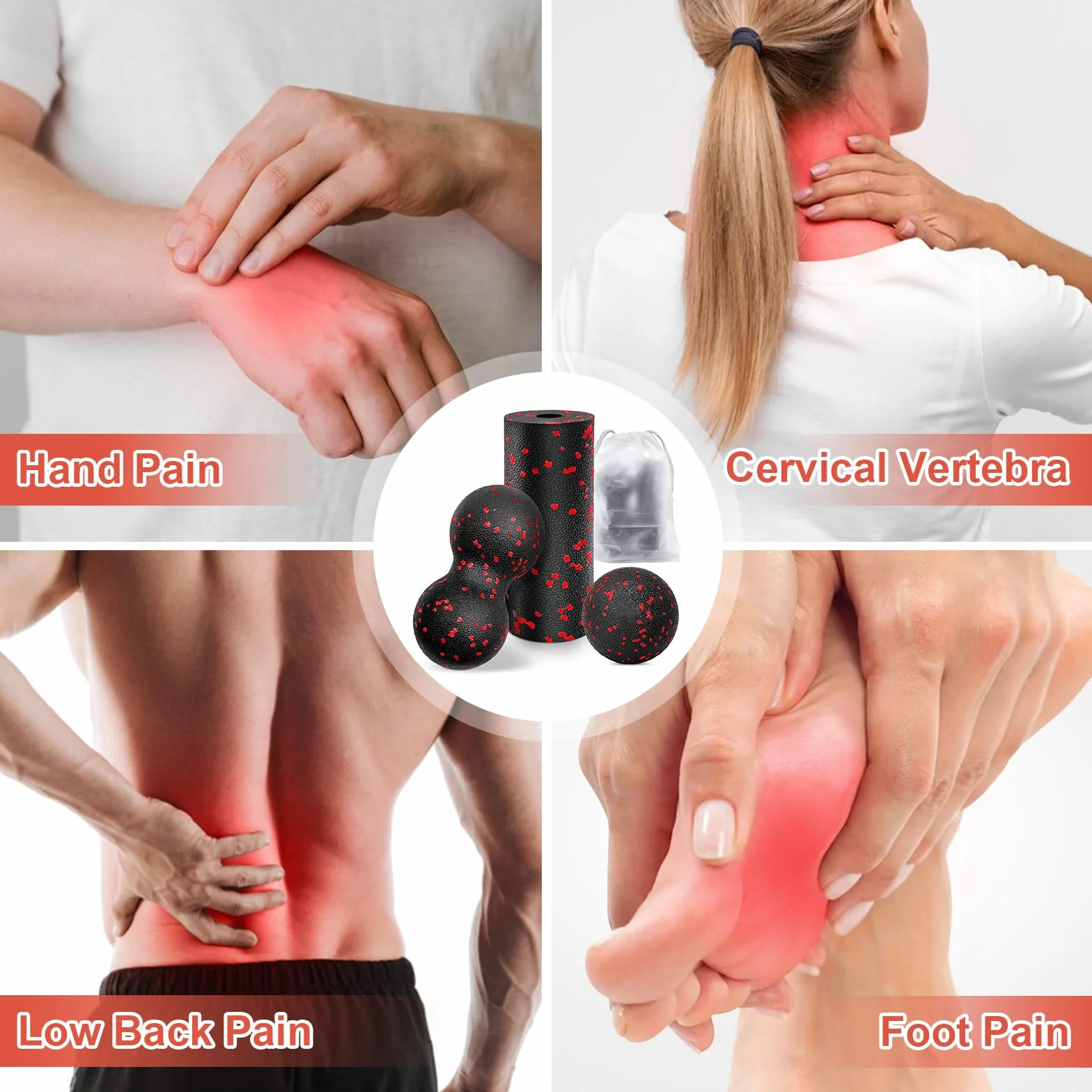 Piłka do masażu powięzi i mała piłka do masażu powięzi, zestaw piłek do masażu łagodzi stres i odprężenie mięśni, podwójna piłka do kręgosłupa, stóp, karku i pleców (czerwona)