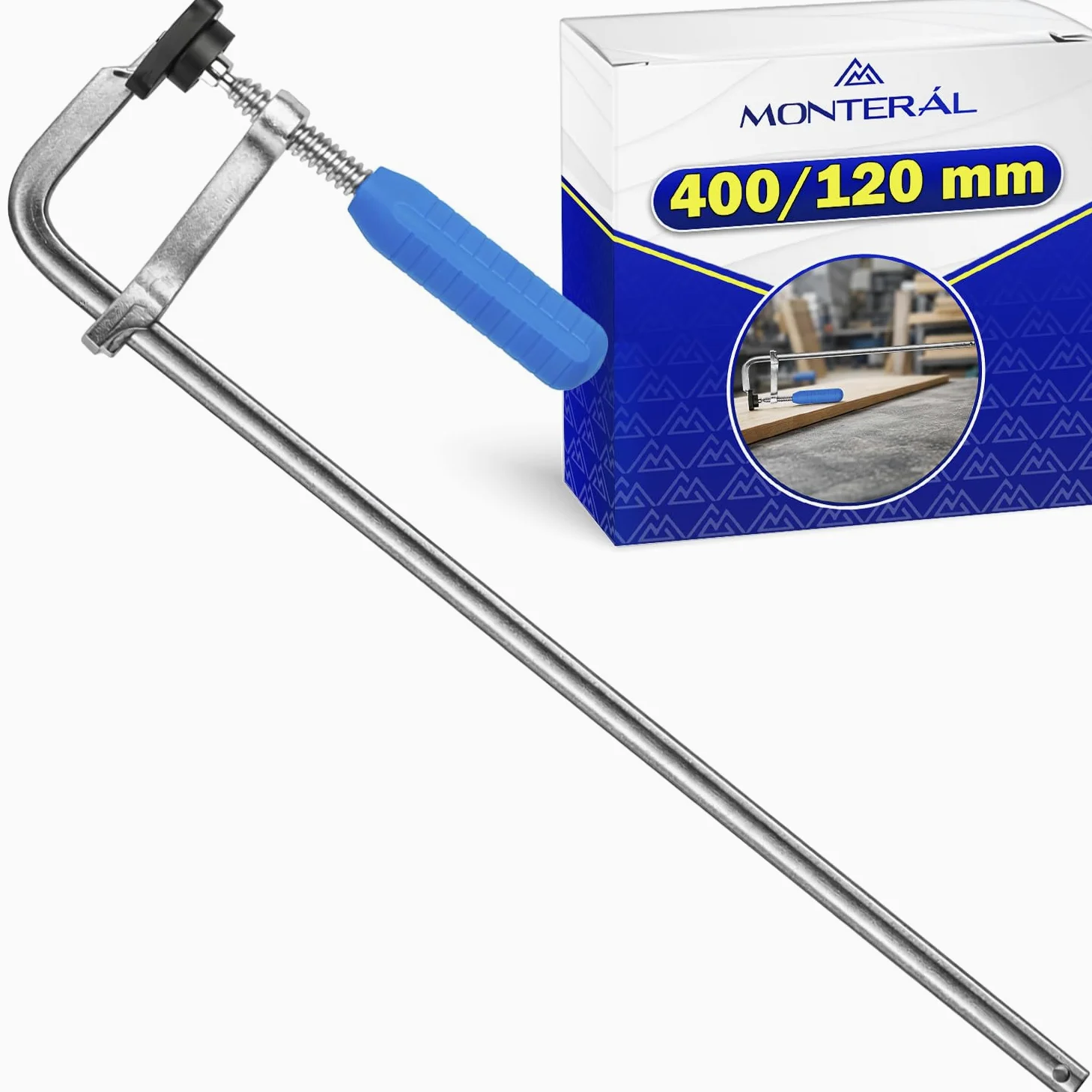 Sierżant Stolarz Śrubowy Kształt F o maksymalnej szerokości mocowania 400mm i głębokości mocowania 120mm - Śruba ściskająca do prac stolarskich i ślusarskich - 10 lat - MONTERAL