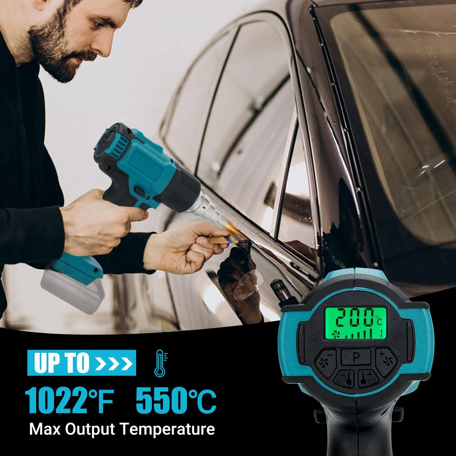 Pistolet na gorące powietrze, kompatybilny z akumulatorami Makita 18 V (nie wchodzi w zakres dostawy). Regulowana temperatura wiatru, maks. 550°C, wyświetlacz LCD, do spawania, suszenia,