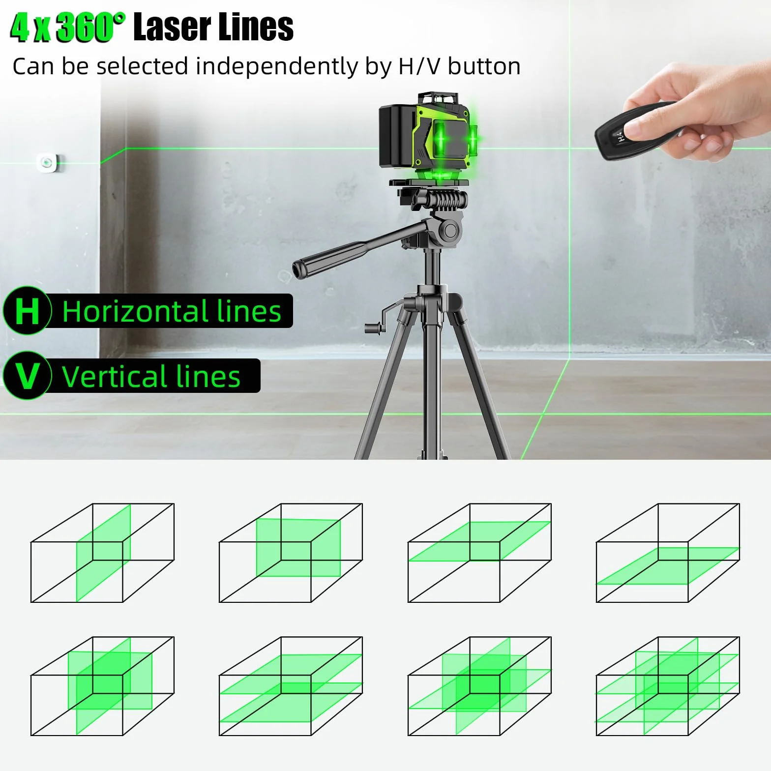 Poziom lasera samopoziomującego 4 x 360°, 16-liniowa laserowa zielona, 2 x 360° poziomy i pionowe, 2 baterie, automatyczne poziomowanie, pilot, magnetyczna podstawa