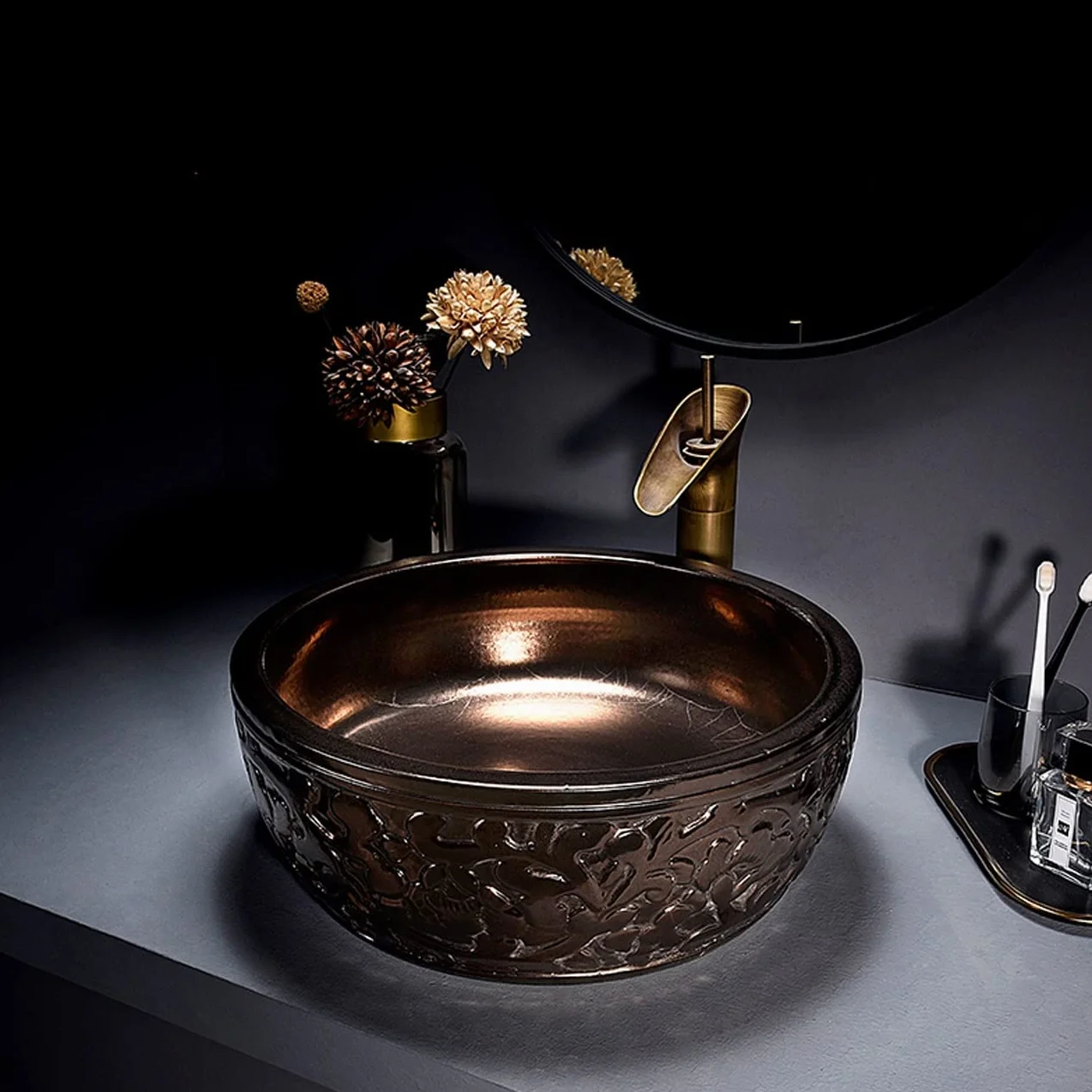 Zestaw Z Okrągłą Umywalką Nablatową I Baterią, Kreatywna Umywalka Łazienkowa Z Porcelany Z Metalową Glazurą, Umywalka Nablatowa Ceramiczna Do Łazienki W Barze