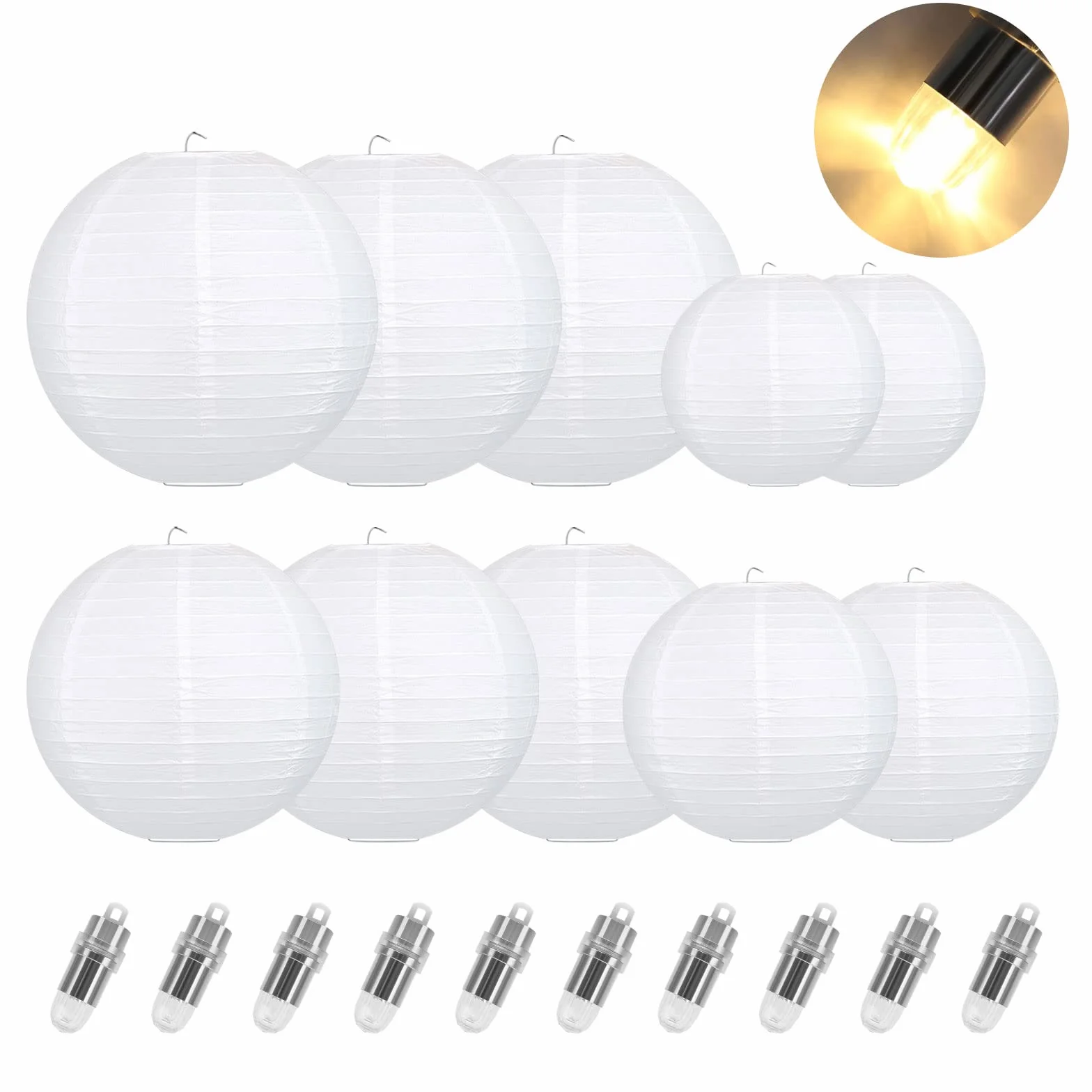 10 sztuk papierowych lampionów, białe lampiony z 10 sztukami białych diod LED, ciepłe białe światło, latarnia, abażur na wesele, imprezę, urodziny, dekoracja