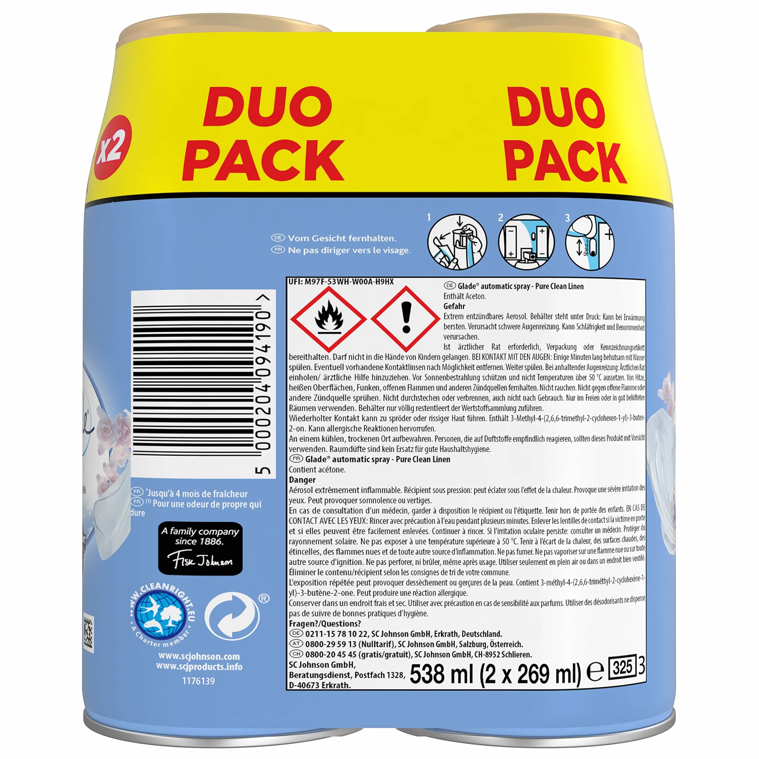 Glade (Brise) Automatic Spray do odświeżacza powietrza, dwupak, Pure Clean Linen (2 x 269 ml), 538 ml