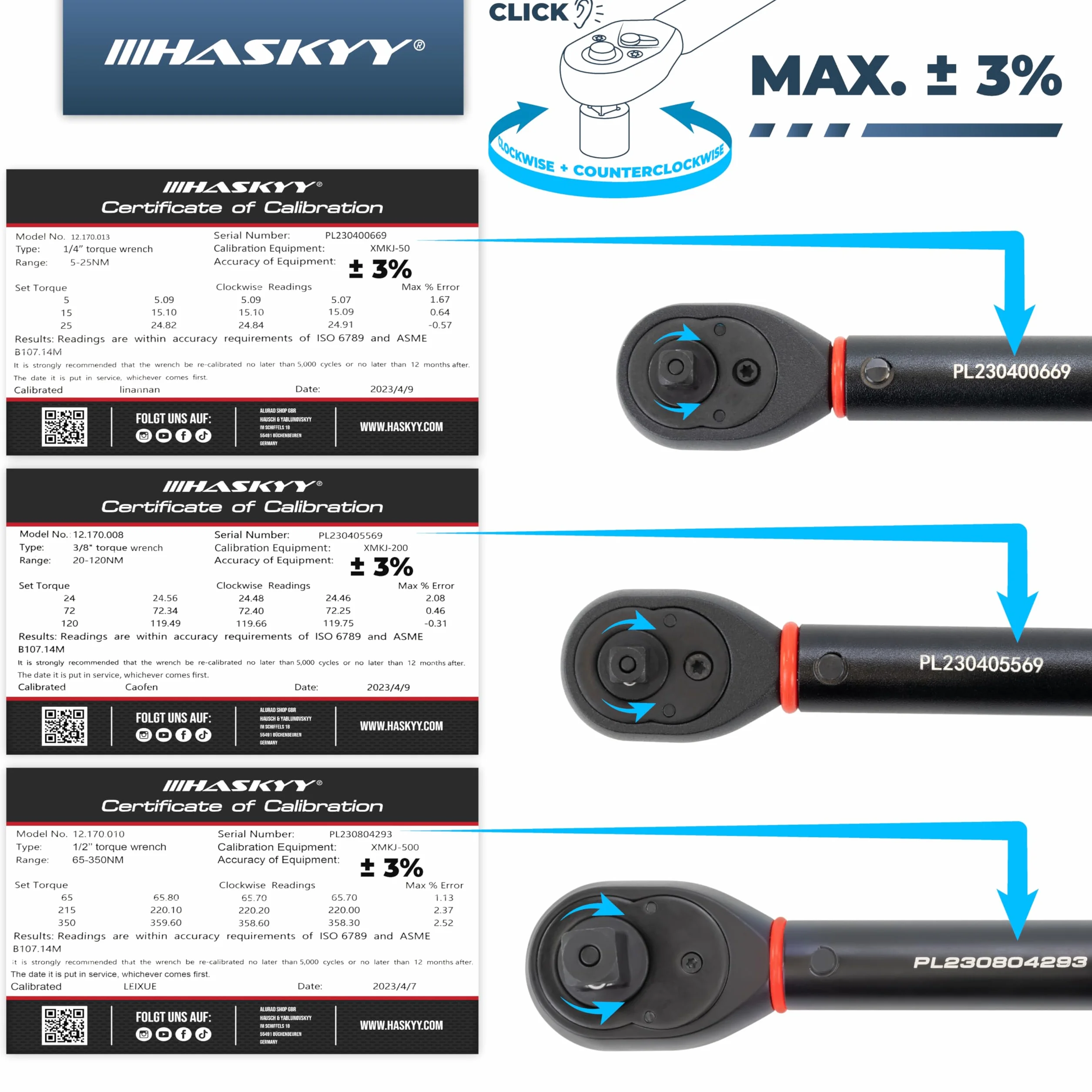 HASKYY Zestaw klucza dynamometryczny 1/4" 3/8" 1/2" 5-25 Nm 20-120 Nm 65-350 Nm, 3-częściowy rower motocyklowy, silnik, samochód przemysłowy, do samochodu, momentu obrotowego, grzechotki