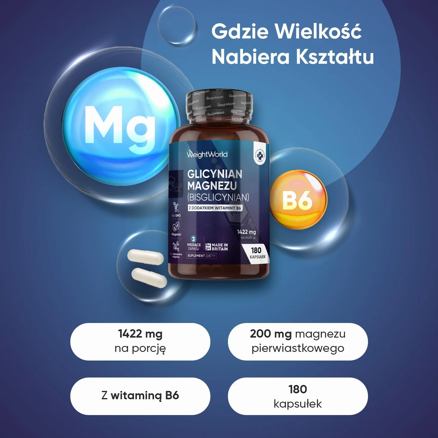 Glicynian magnezu 1422 mg z witaminą B6 – 180 kapsułek wegańskich dostarczających 200 mg czystego magnezu – zapas na 3 miesiące w jednym opakowaniu, bez GMO i stearynianu magnezu.