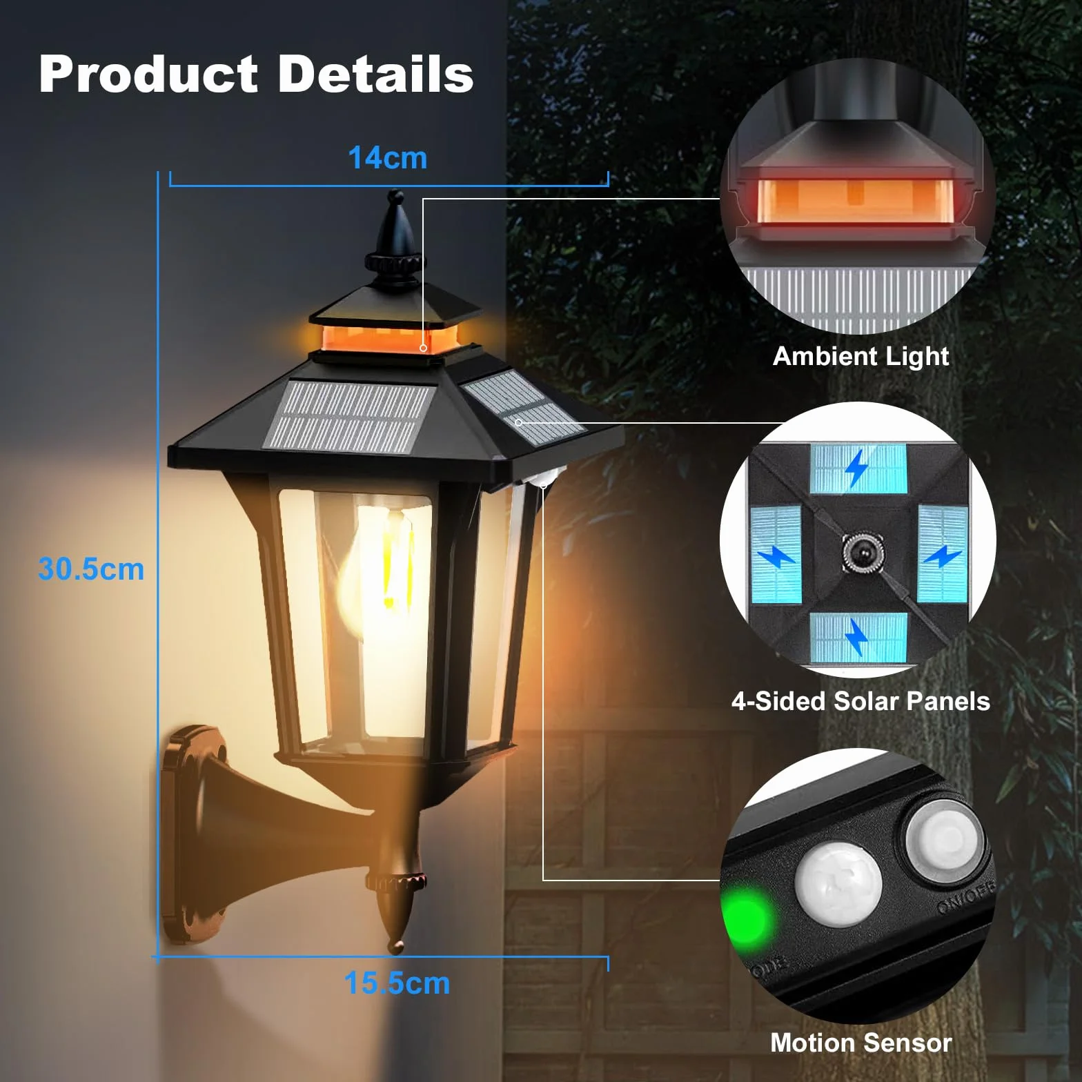 Moman Zewnętrzne lampy solarne, vintage, zewnętrzna lampa solarna z czujnikiem ruchu, 3 tryby IP65, wodoodporna, do ogrodu na patio, 2 szt., projektor solarny i zewnętrzny, oświetlenie lampy