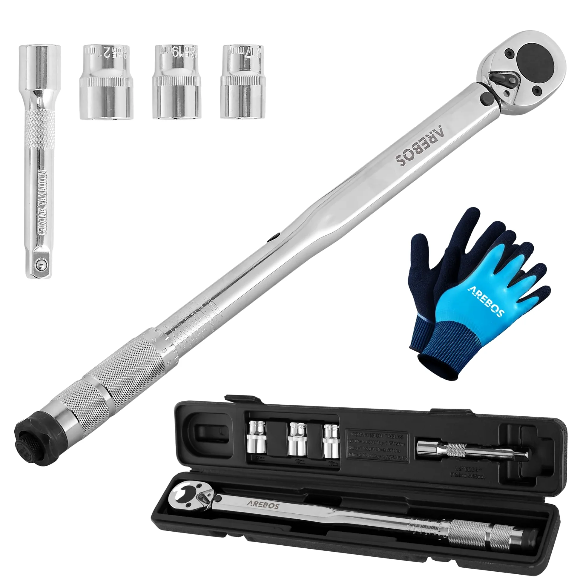 Arebos Klucze dynamometryczne 6-częściowy zestaw | 40-210 Nm, 1/2" cala | w zestawie klucze nasadowe 17, 19 i 21 mm, przedłużenie, rękawice montażowe i walizka | tolerancja +/- 4% | klucz do opon