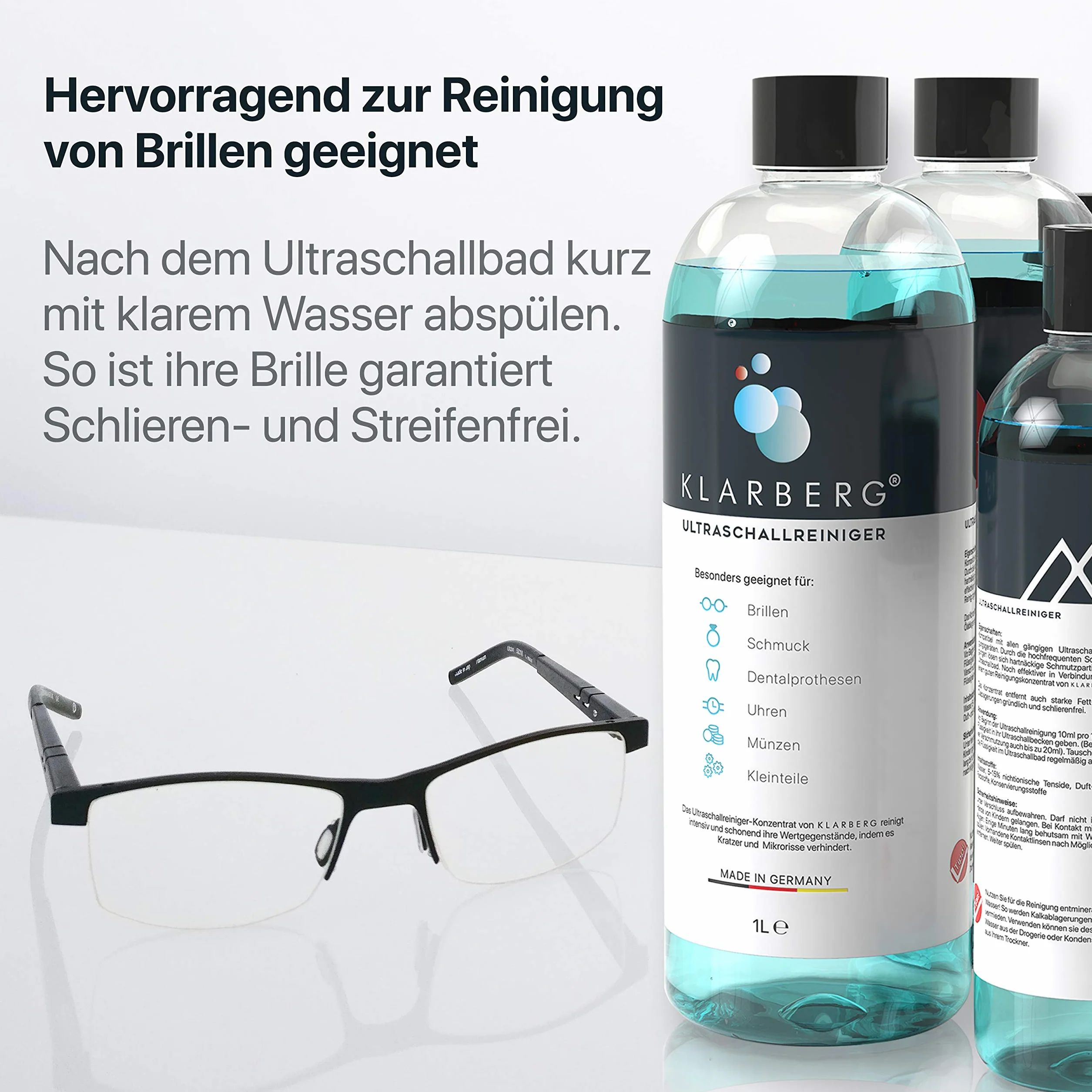 KLARBERG® 2x1L Koncentrat do myjki ultradźwiękowej I Czyszczenie okularów, biżuterii, protez zębowych, zegarków w wannie ultradźwiękowej I Można stosować z każdą myjką ultradźwiękową