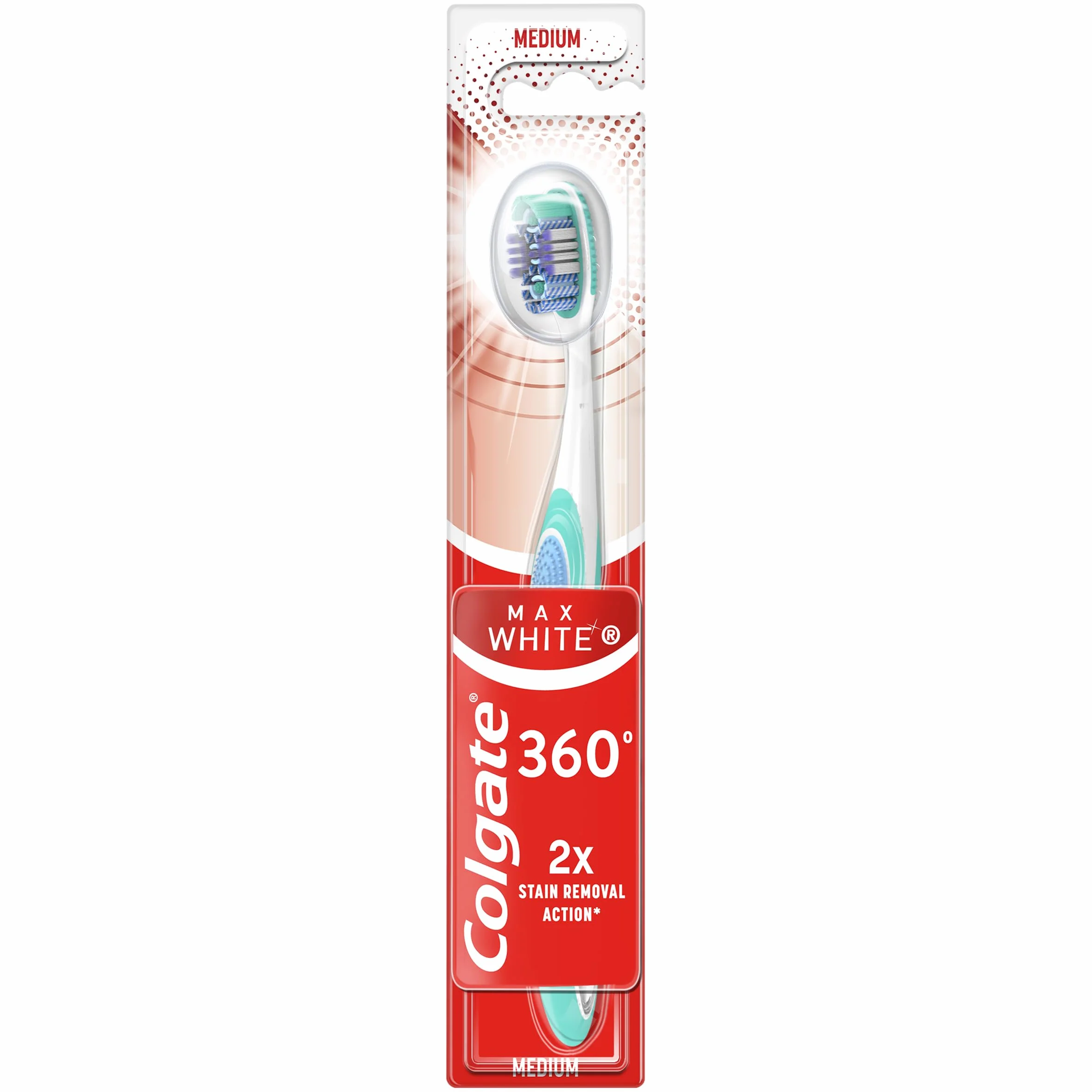 Colgate Max White 360 Szczoteczka do zębów Średnia twardość, 1 szt. Wybielanie zębów, usuwanie plam, oczyszczanie trudno dostępnych obszarów, czyszczenie języka i policzków, eliminuje nieświeży oddech