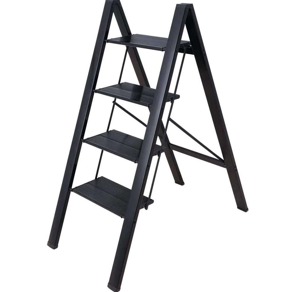 BAOYOUNI Drabina 4-stopniowa, lekka, składana, aluminiowa, wytrzymała, 135 kg, z antypoślizgowym szerokim pedałem, do gospodarstwa domowego, biura, garażu, ogrodu, malowania, czarna