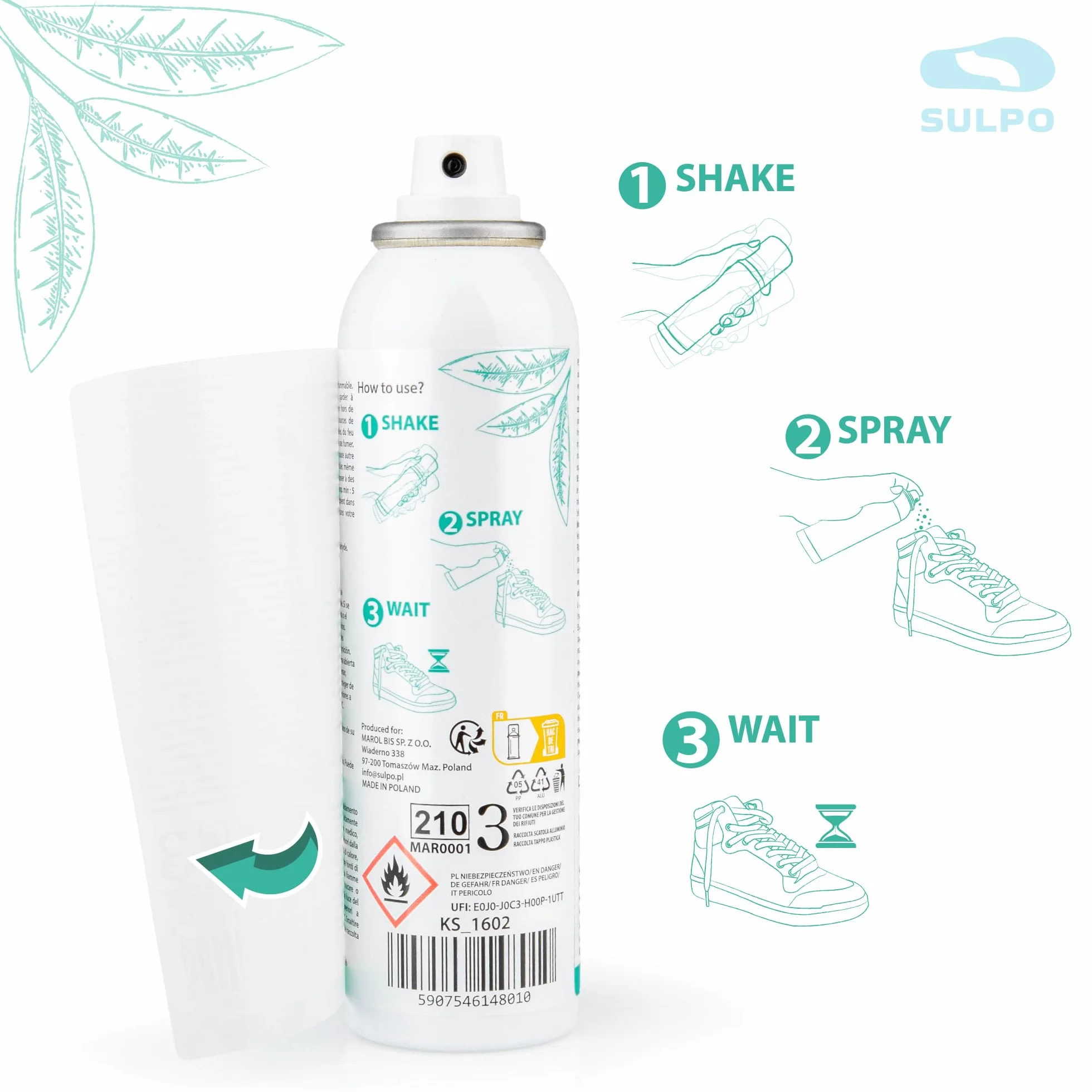 SULPO Shoe Clinic dezodorant do butów - przeciw nieprzyjemnemu zapachowi - spray do butów odor stop - odświeżający spray do usuwania zapachu z butów - mięta i zielona herbata 150ml
