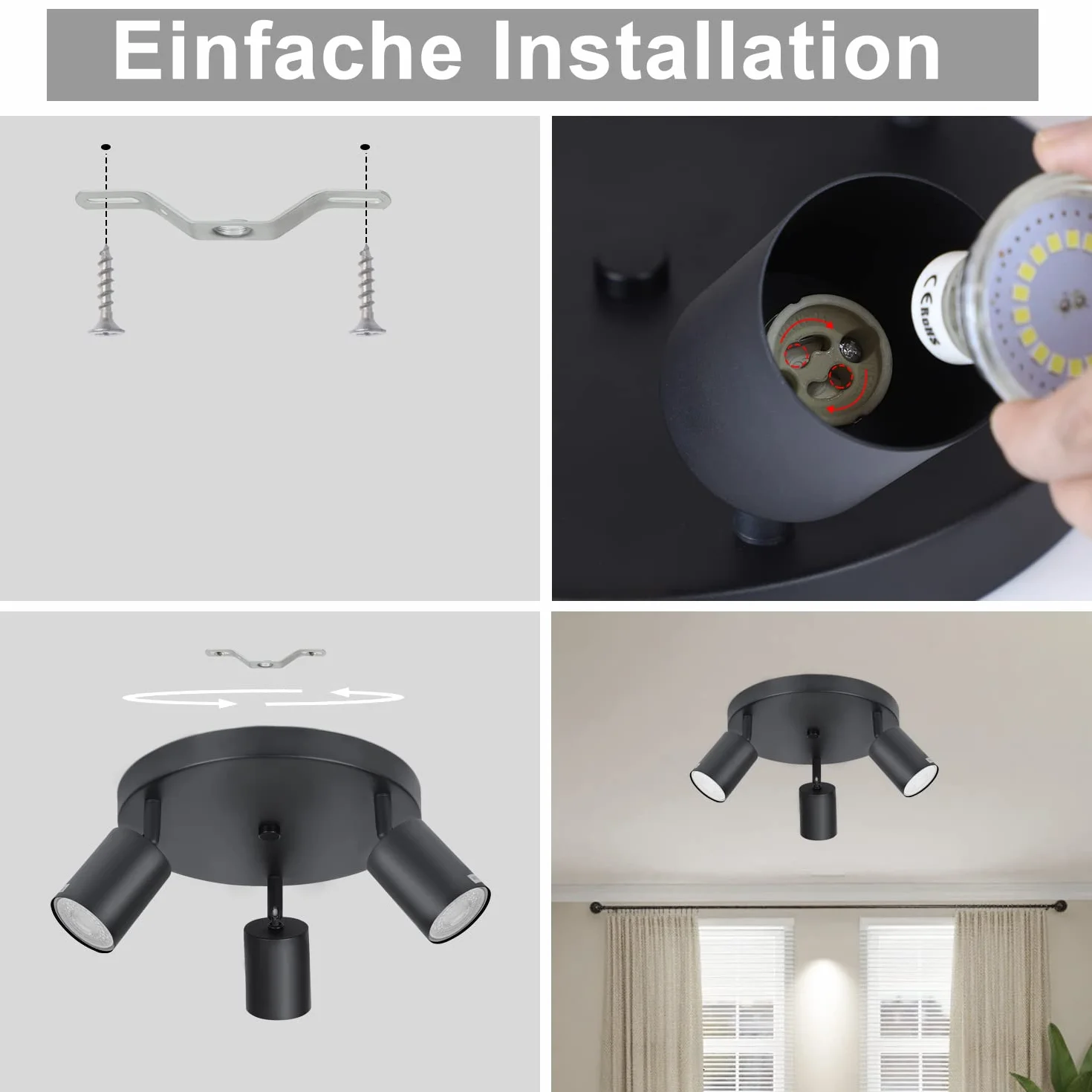 Lampa sufitowa GU10 czarny okrągły 3 płomienie metalowa Swivel Design do salonu sypialni kuchni