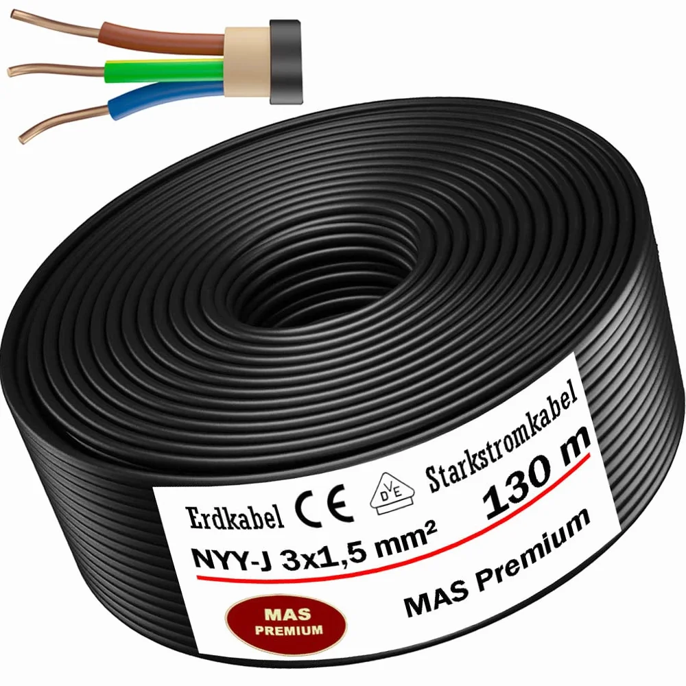 Kabel ziemny, kabel zasilający od 5 m do 170 m NYY-J 3 x 1,5 mm², kabel elektryczny zwój, do układania na wolnym powietrzu, w ziemi (130 m)