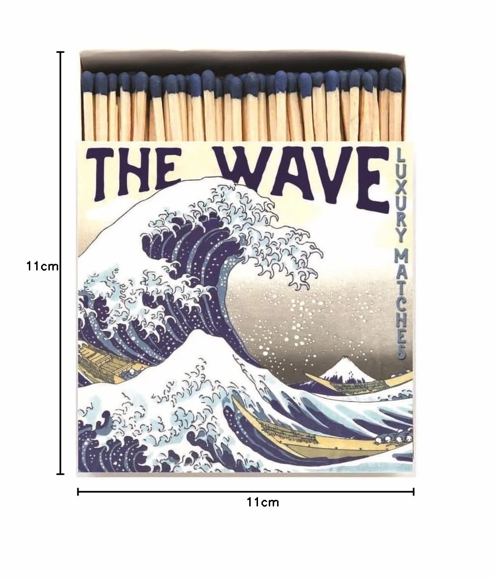 Hokusai The Wave długie zapałki, luksusowe gigantyczne kwadratowe pudełko na zapałki, niebieskie końcówki kolorowe duże zapałki, świece przy kominku prezent na parapetówkę