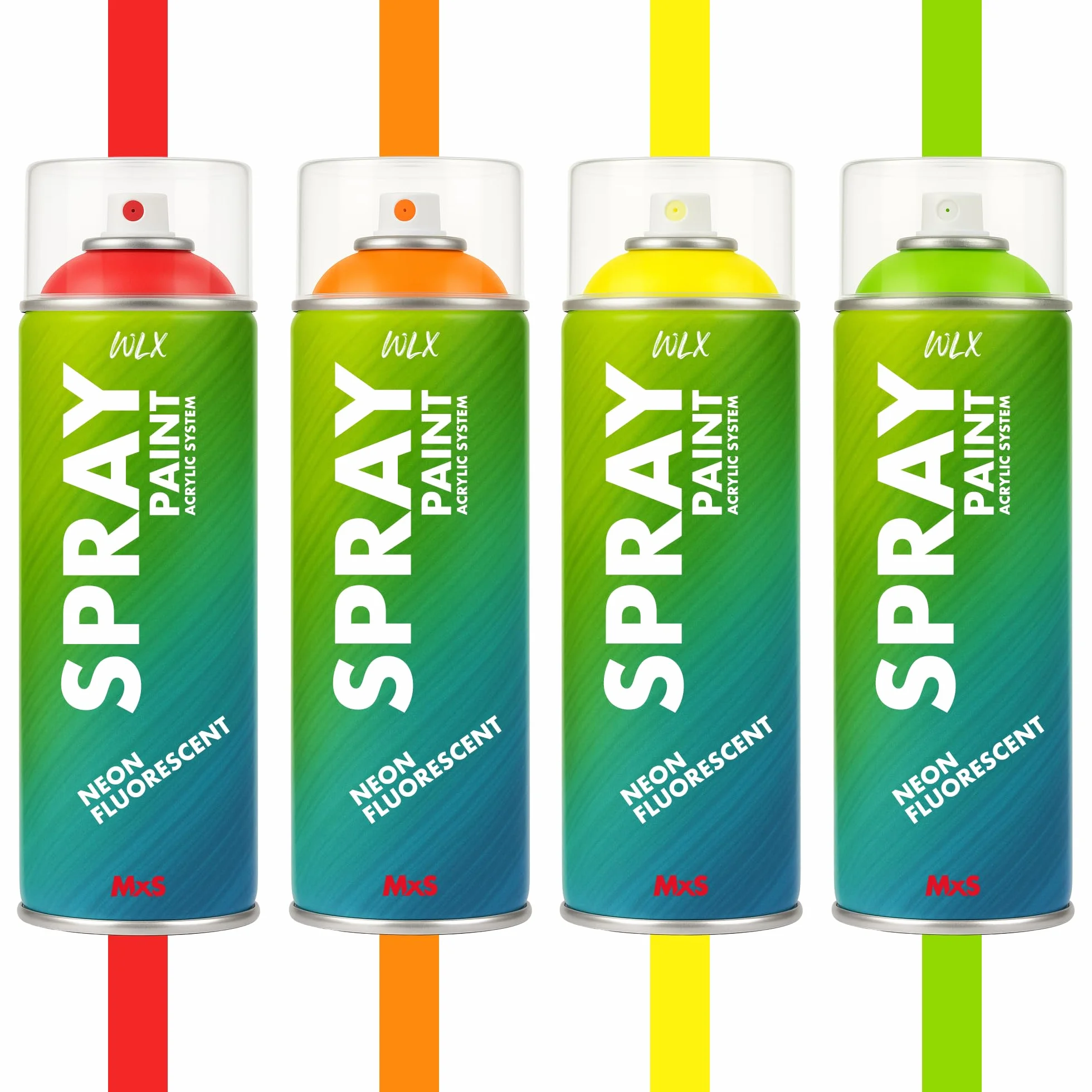 WLX Zestaw farb neonowych w sprayu, 4 kolory po 400 ml, wysoce widoczne, szybkoschnące farby fluorescencyjne do drewna, metalu, kamienia i szkła