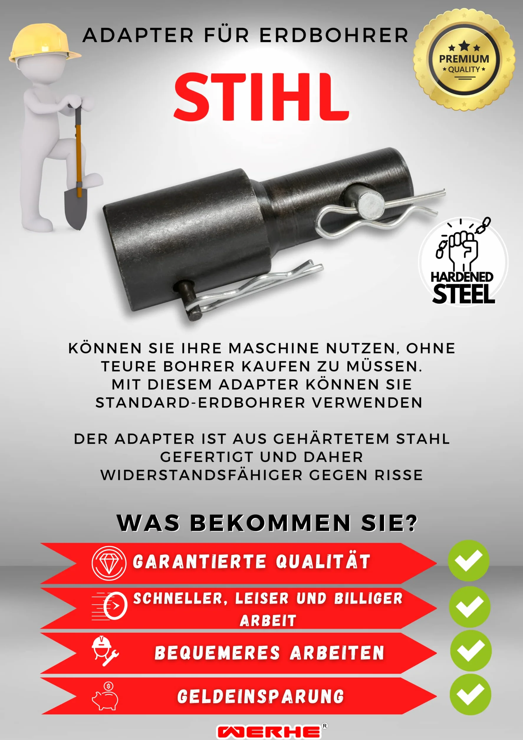 WERHE adapter do wierteł ziemnych STIHL BT 106 C, BT 120 C, BT 121, BT 130, BT 131 – Wysokiej jakości stal, uniwersalne zastosowanie